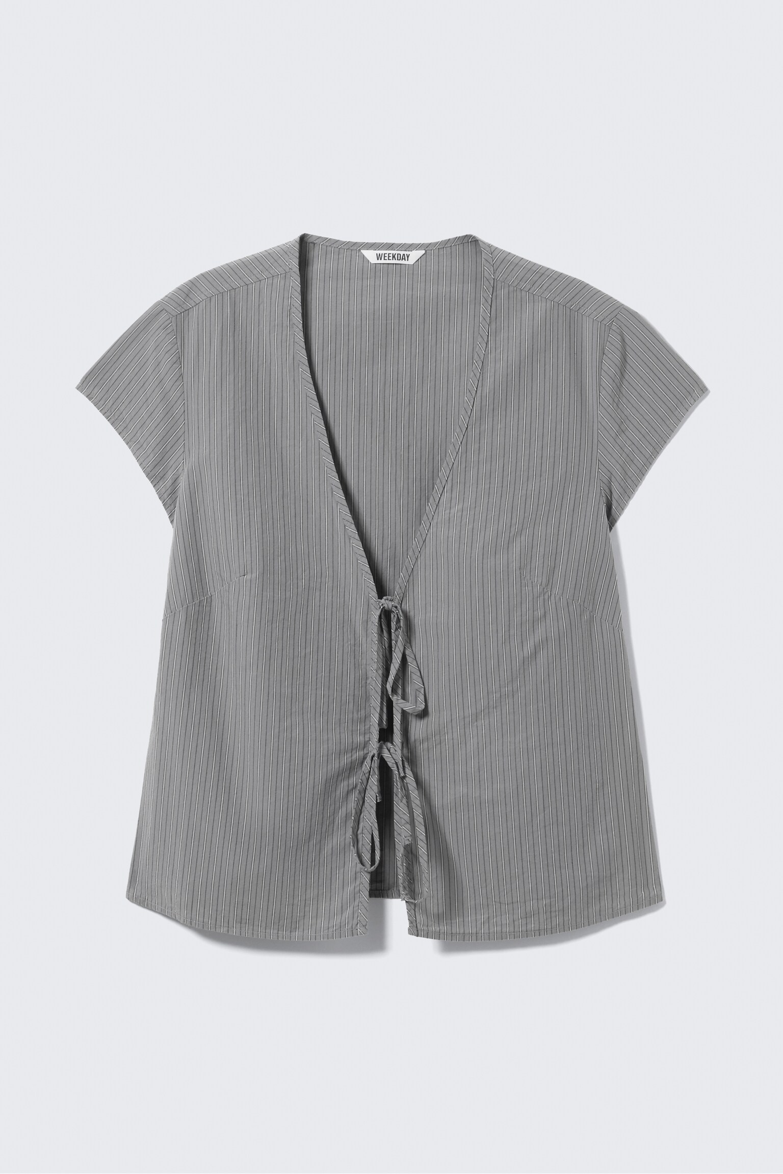 Tie-Front V-neck Cotton Blouse - Striped Grey/Checked Blue - Bleach Effect