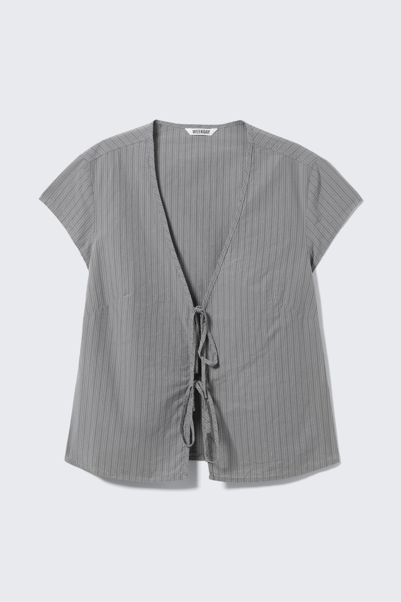 Tie-Front V-neck Cotton Blouse - Striped Grey/Checked Blue - Bleach Effect
