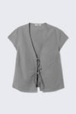 Striped Grey - Tie-Front V-neck Cotton Blouse - 4