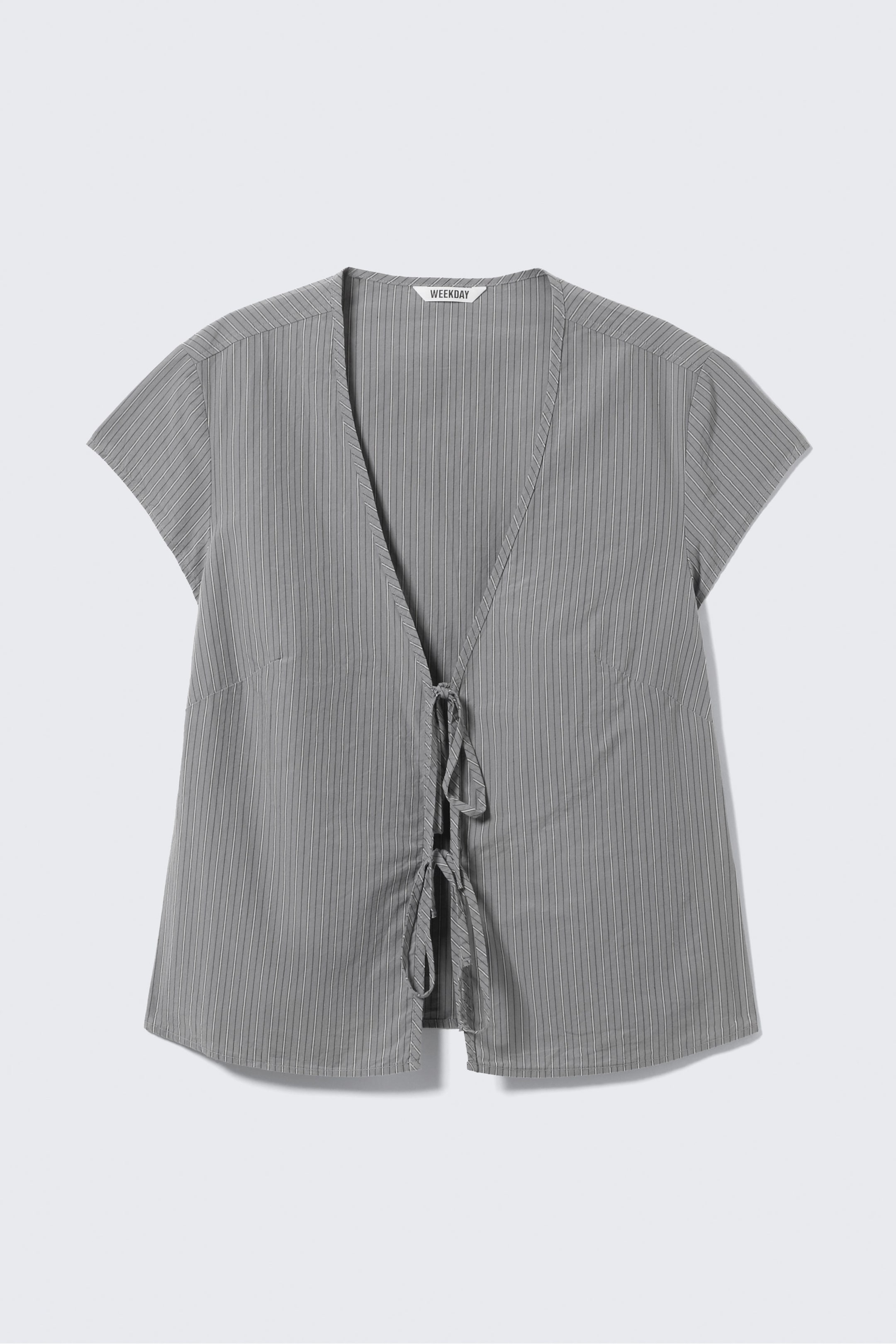 Striped Grey - Tie-Front V-neck Cotton Blouse - 1