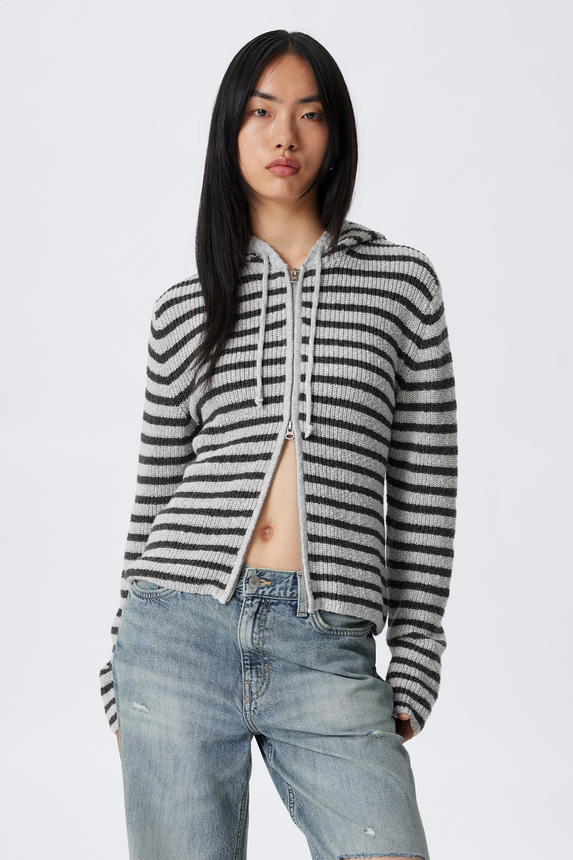 Striped Grey Melange - Striped Knitted Slim Fit Zip Hoodie - 1