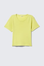 Jaune clair - T-shirt court en coton côtelé et imprimé - 0