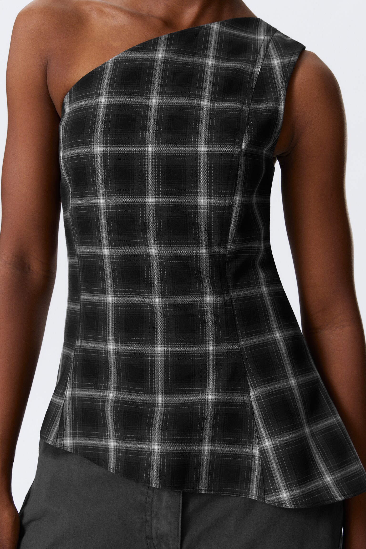 Asymetryczny top na jedno ramię - Checked Black/Czarny/Ciemnoniebieski