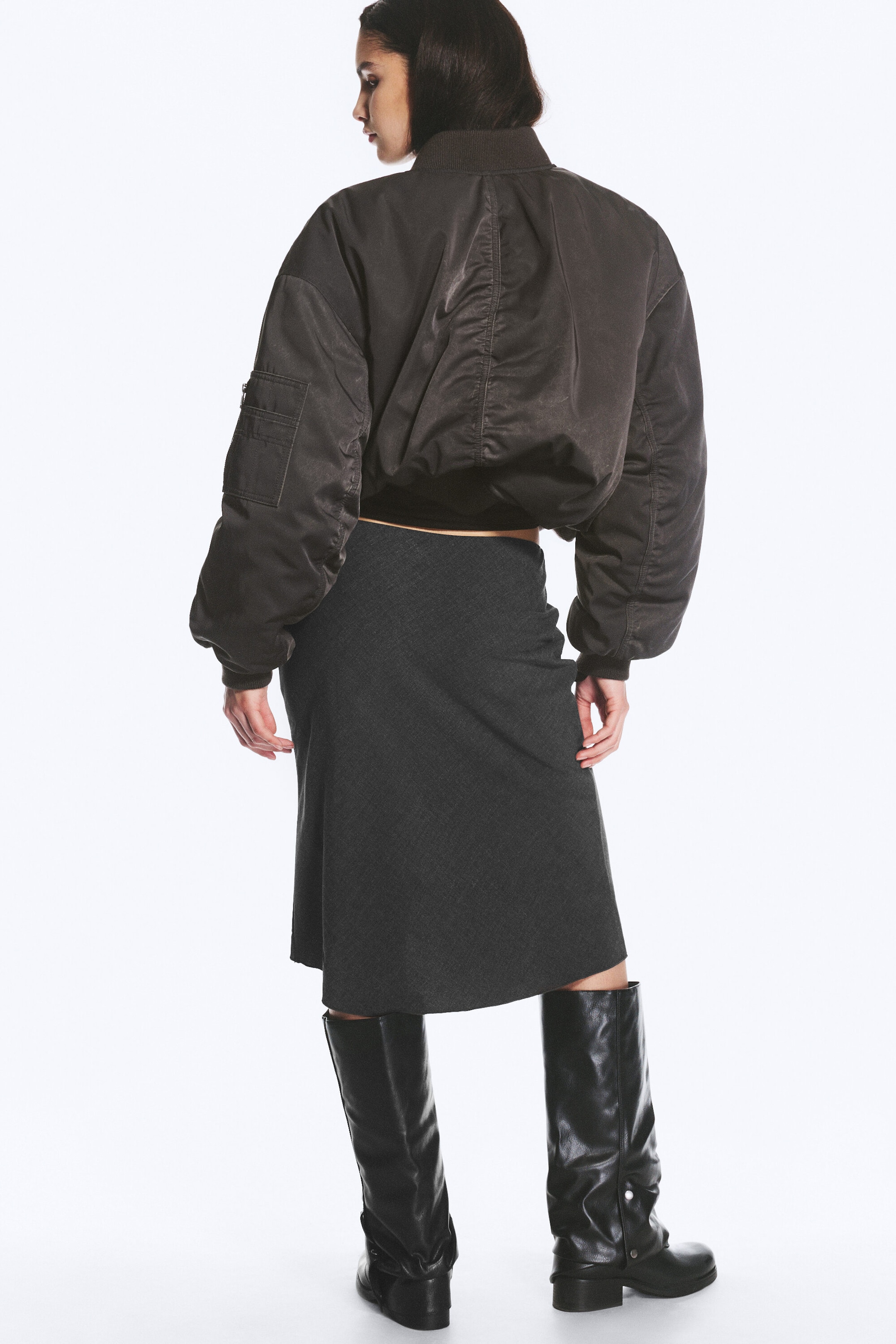 Dark Grey Melange - Mid-Rise Flared Midi Skirt - 3
