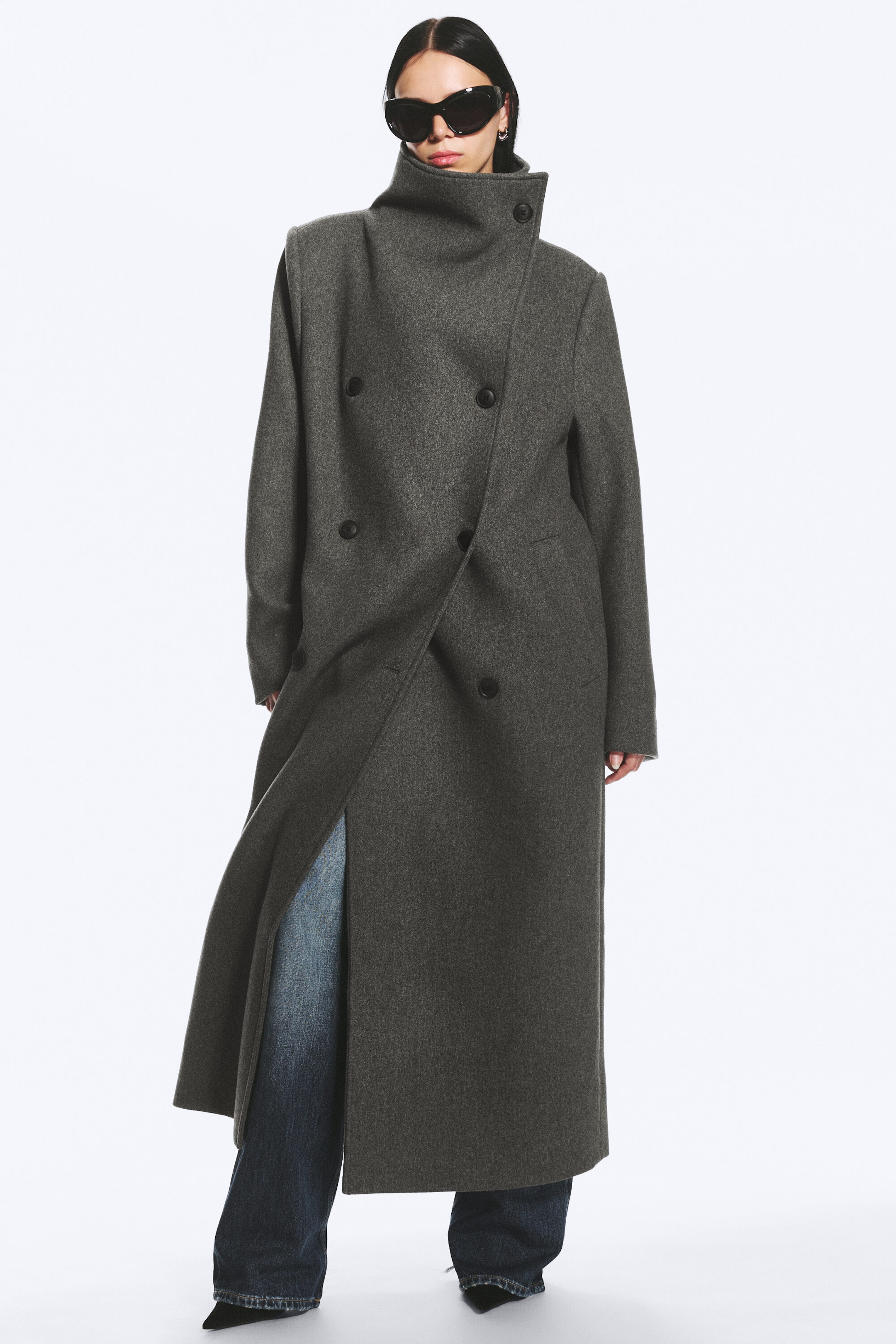 Dark Grey Melange - Oversized kåpe i ullblanding med traktkrage - 5