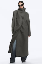 Dark Grey Melange - Oversized kåpe i ullblanding med traktkrage - 5