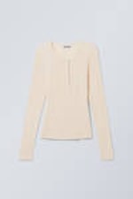 Light Beige - Sheer Rib Long Sleeve Henley Top - 0