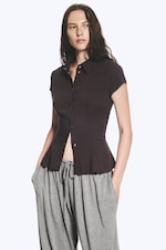 Dark Brown - Slim Fit Short-Sleeved Crepe Shirt - 0