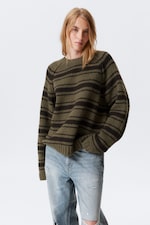 Striped Khaki Green - Loose Knitted Raglan Sweater - 1