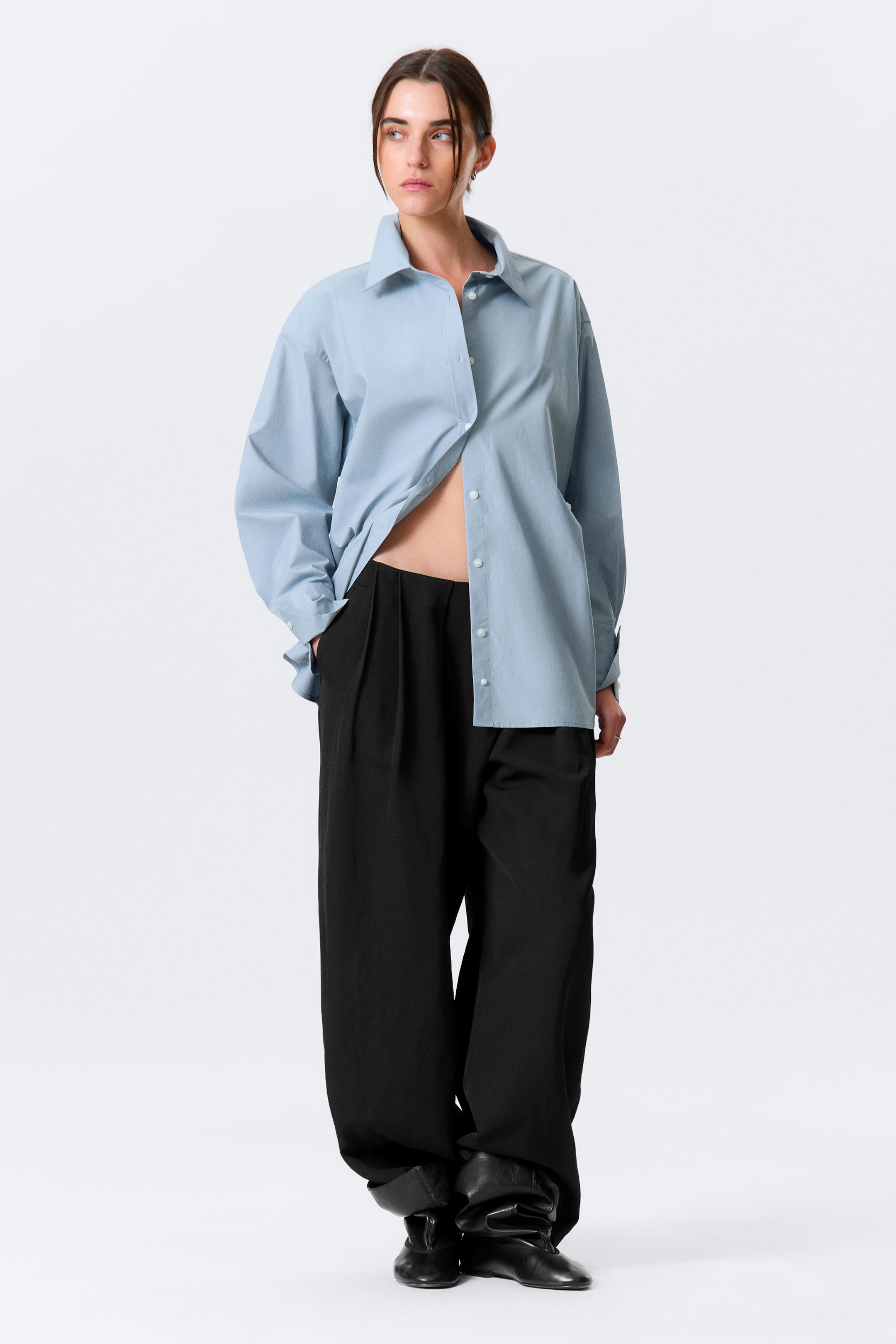 Light Blue - Cross-Buttoned Long-Sleeved Cotton Shirt - 2