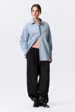 Light Blue - Cross-Buttoned Long-Sleeved Cotton Shirt - 1