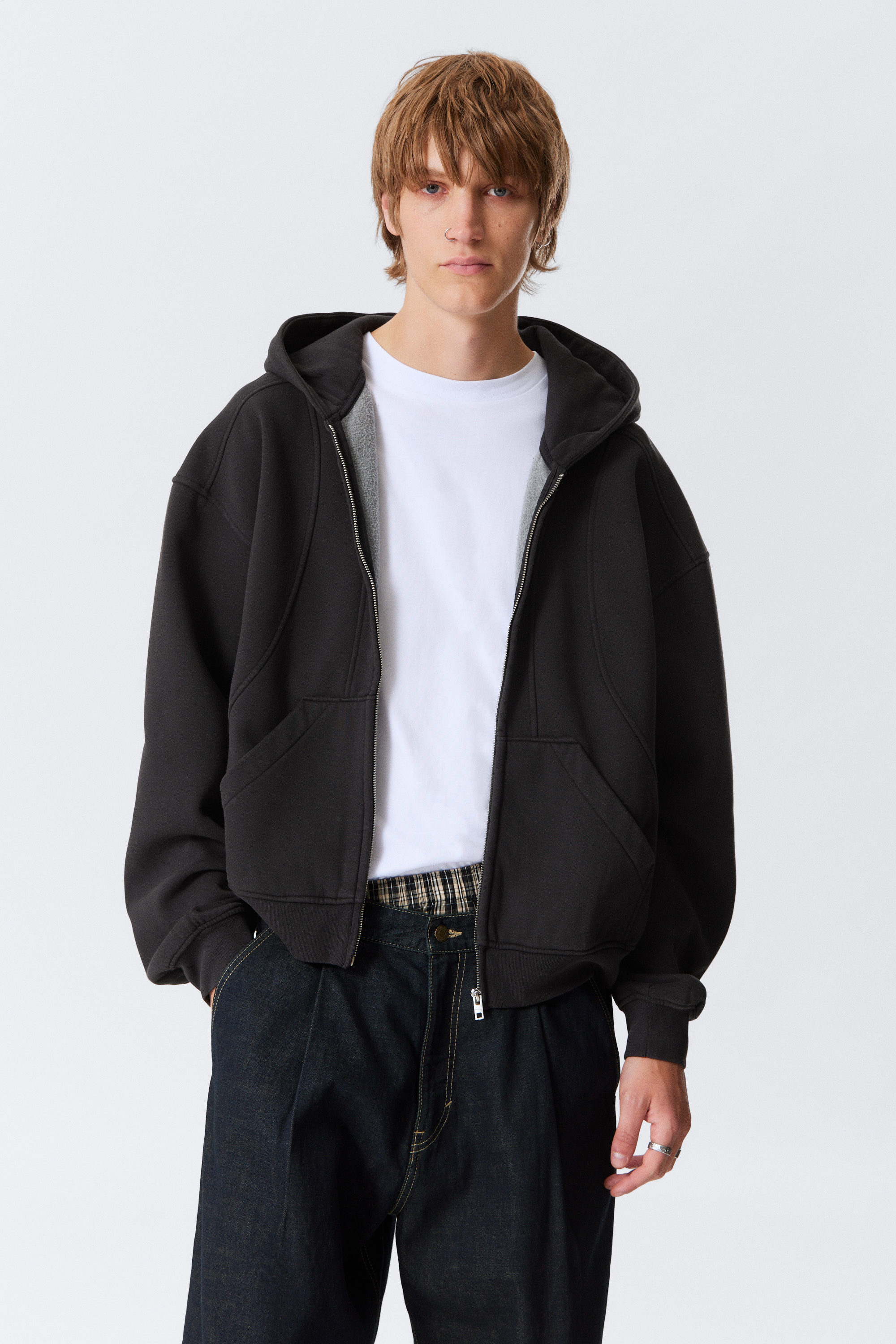 Washed Black - Loose Fit Blocked Zip Hoodie - 2