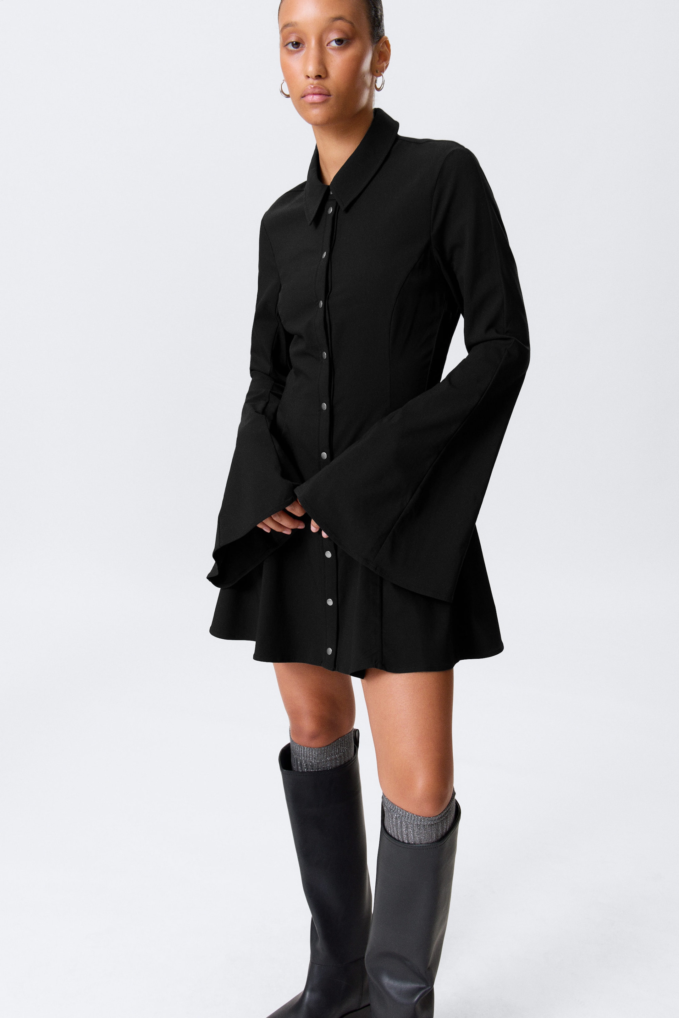 Black - Fit-and-Flare Mini Shirt Dress - 1
