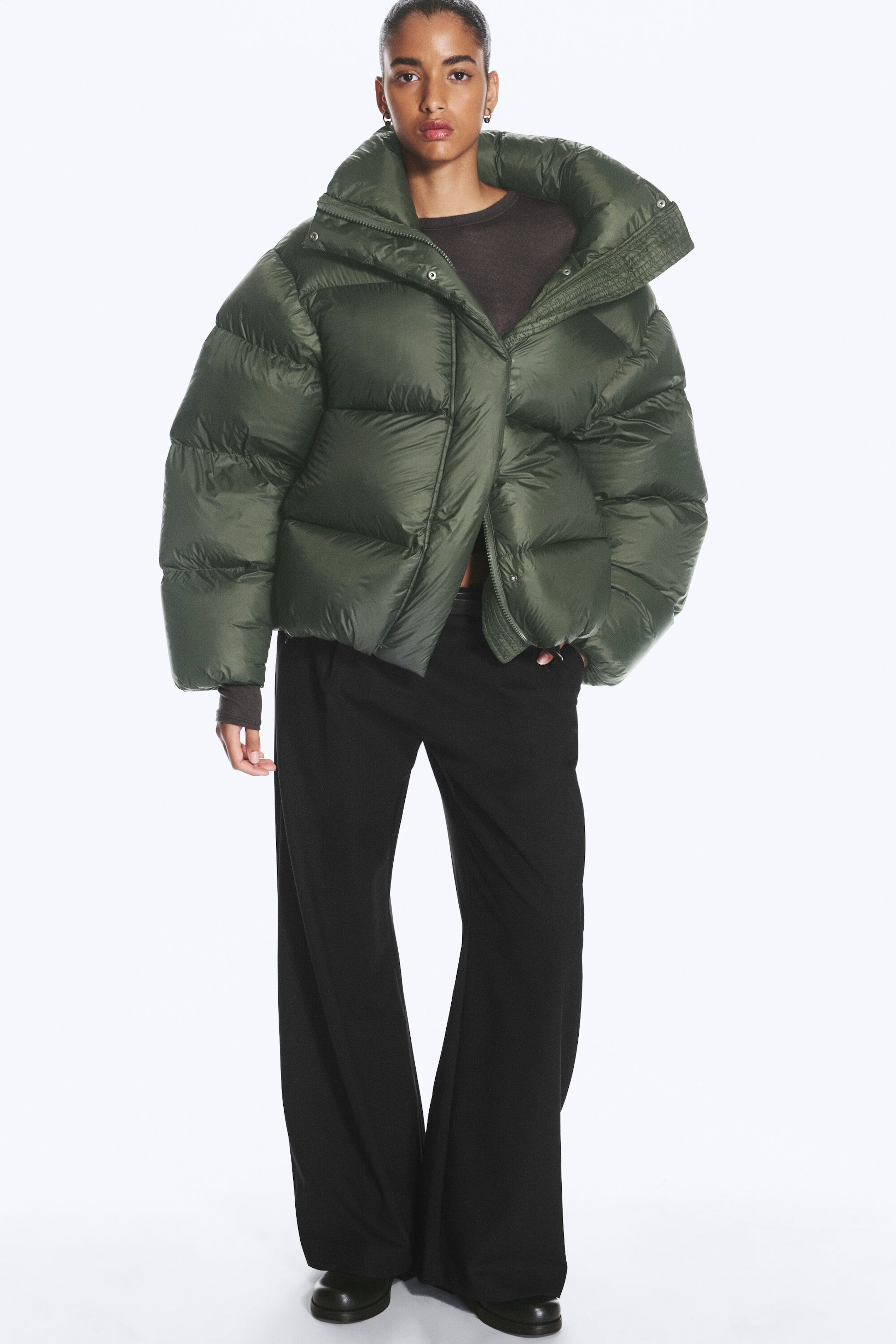 Dark Khaki Green - Oversized Recycled Down Puffer Jacket - 0