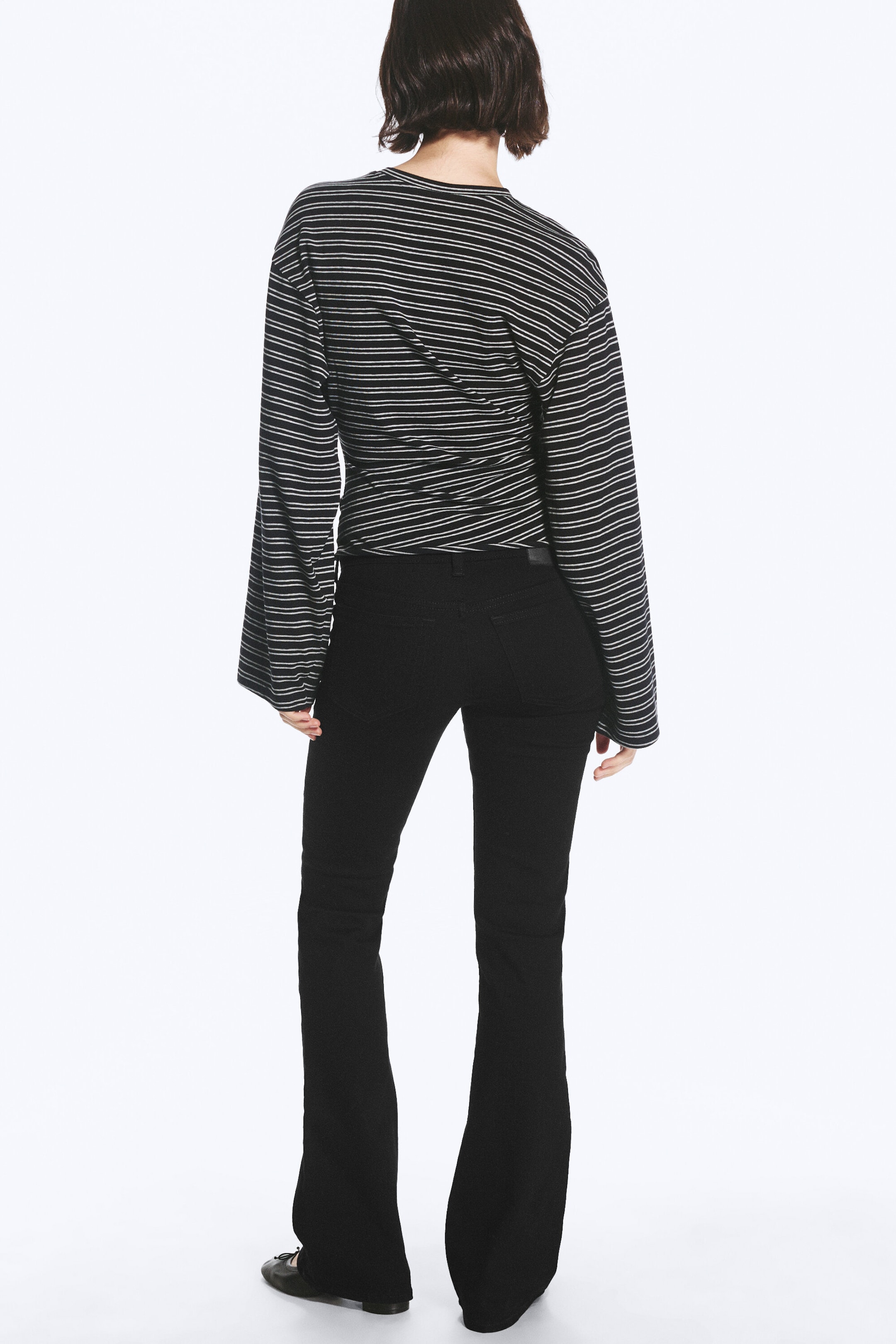 Striped Black - Ruched Long-Sleeved T-shirt - 3