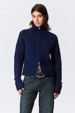 Dark Navy Blue Melange - Soft Knitted Fitted Zip Cardigan - 0