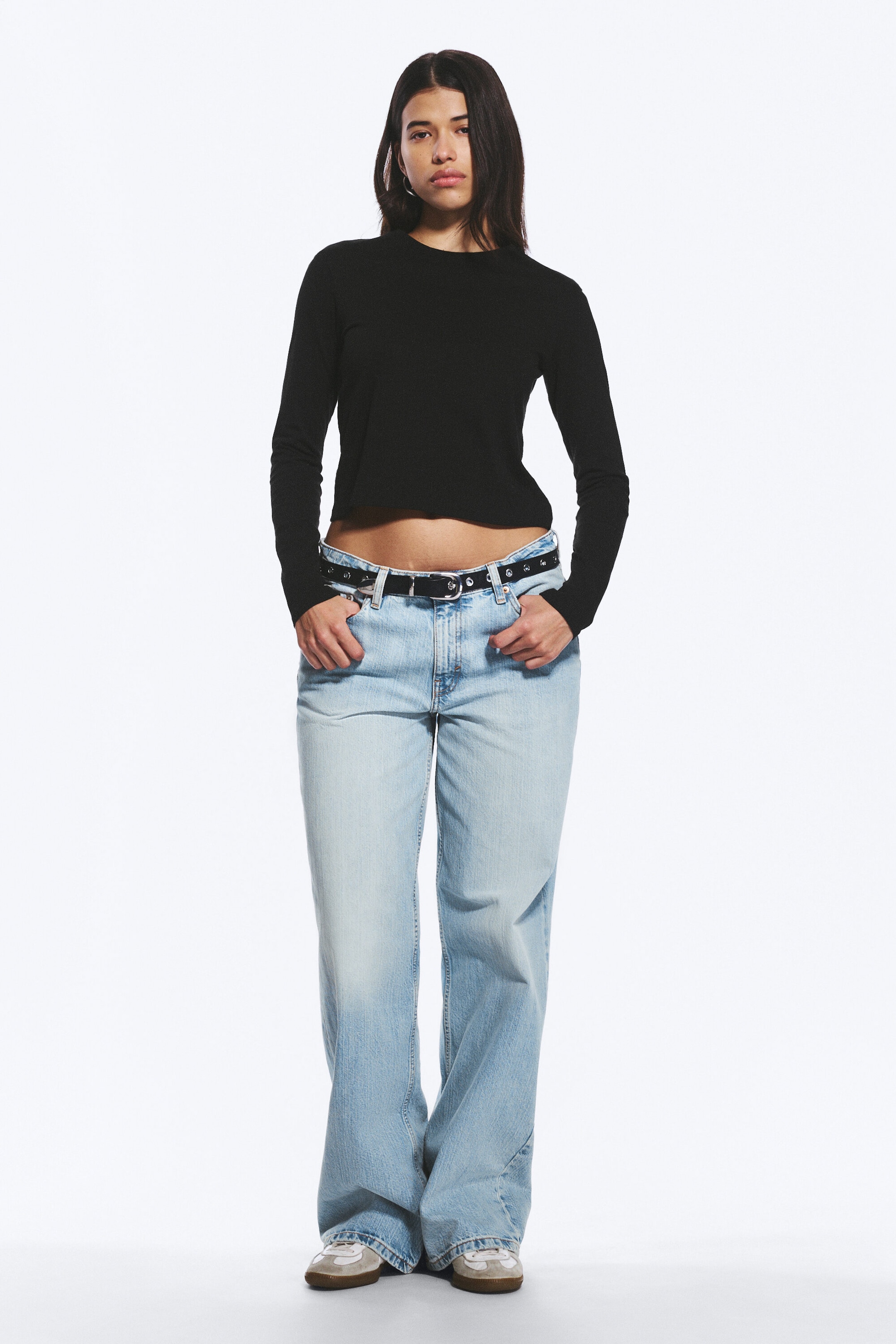 Black - Slim Long-Sleeved Cotton Top - 2