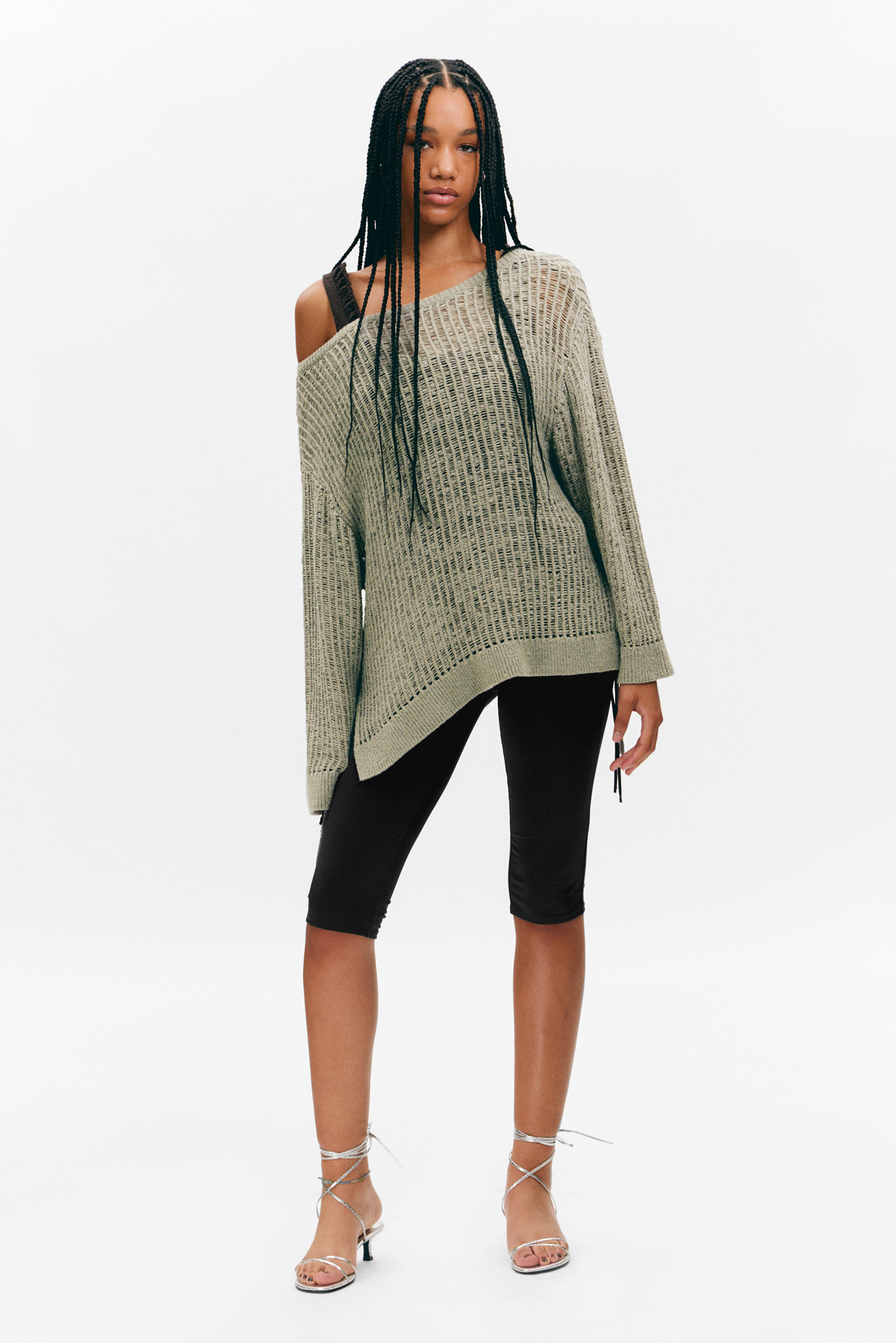 Khaki Green - Loose Open-Knit Side Slit Sweater - 4