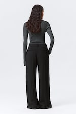 Black - Low Rise Wide Leg Crinkled Trousers - 3
