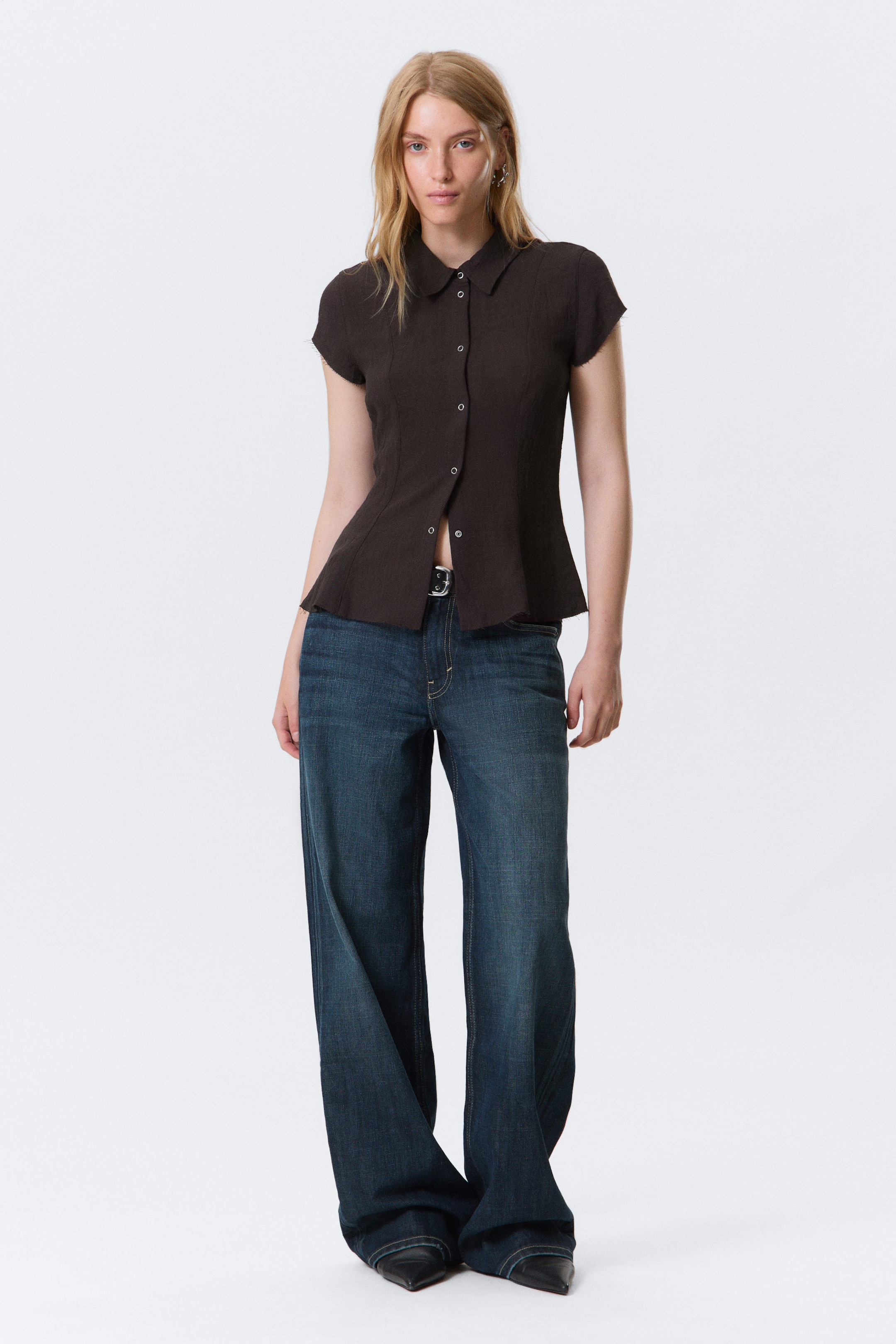 Dark Brown - Slim Fit Short-Sleeved Crepe Shirt - 2