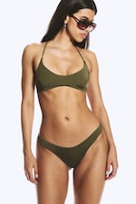 Dark Green - Mid-Rise Ruched Brazilian Bikini Bottoms - 0