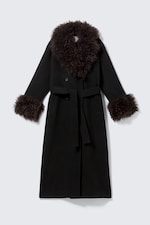 Schwarz - Braunes Kunstfell - Langer Oversize-Mantel mit Kunstpelzbesatz - 6