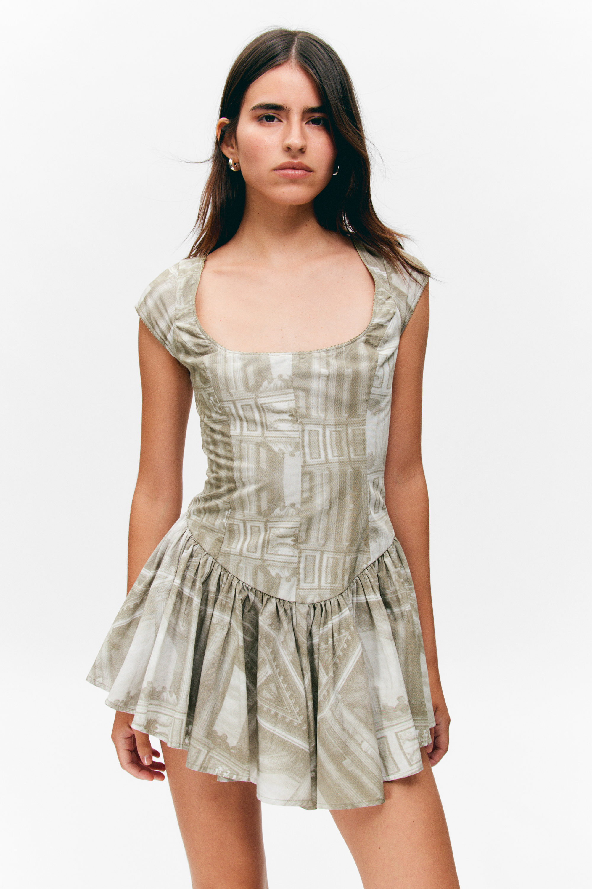 Vert kaki - cadre baroque - Robe courte ajustée et évasée - 3