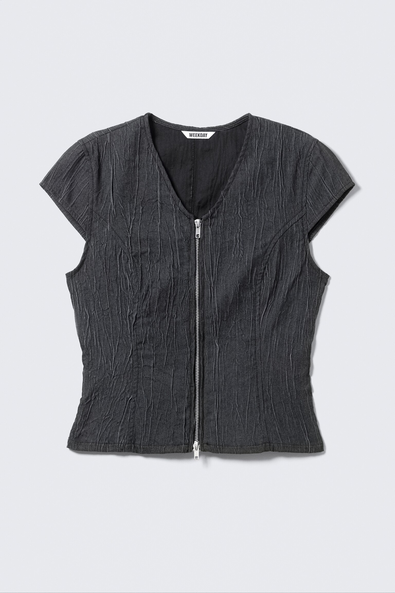 Structured Zip V-Neck Top - Dark Blue - 2