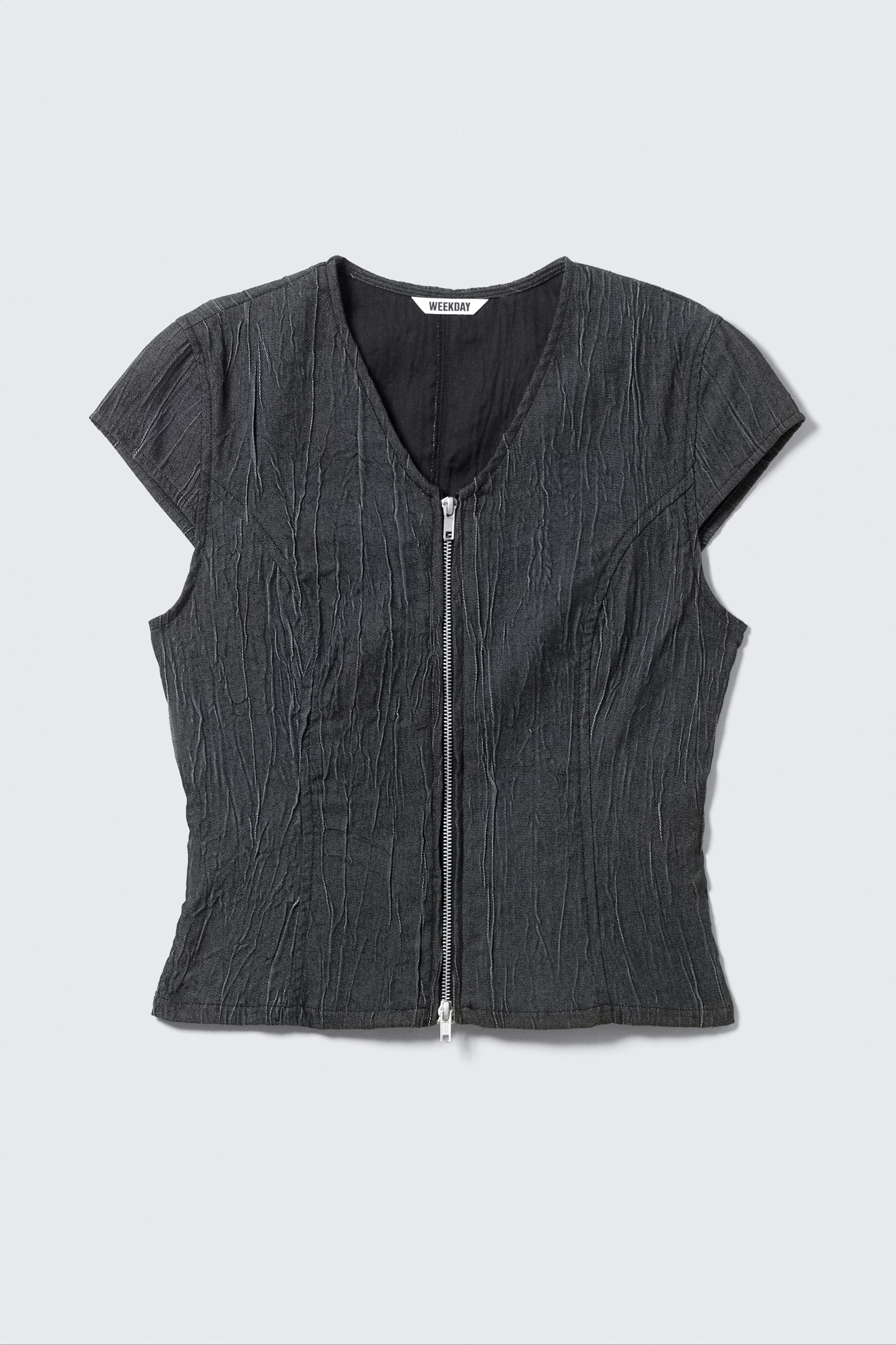 Dunkelblau - Strukturiertes Zip-Top mit V-Ausschnitt - 3