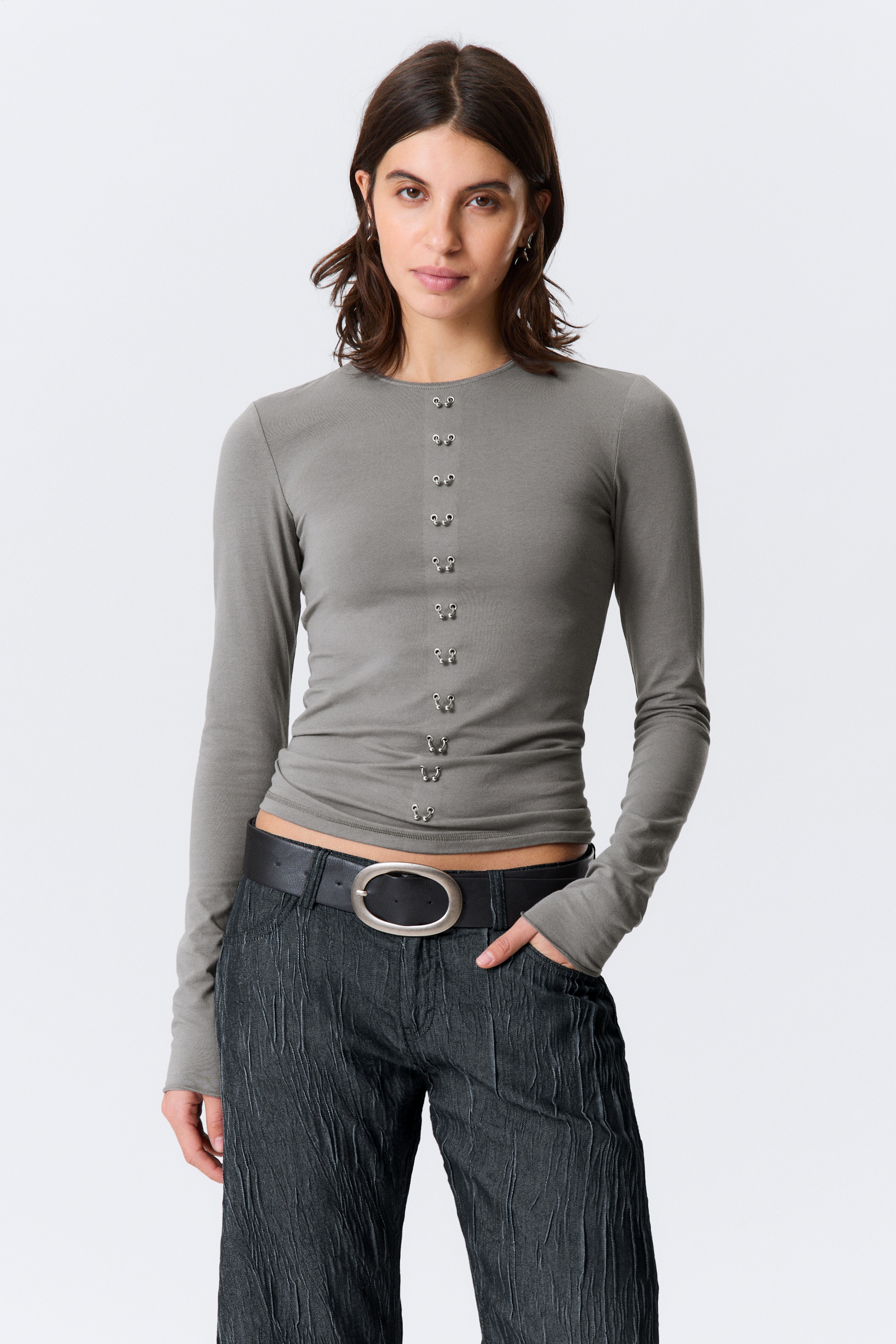 Ver imagen más grande: Top de manga larga con piercing - Gris - MUJER | H&M ES 1