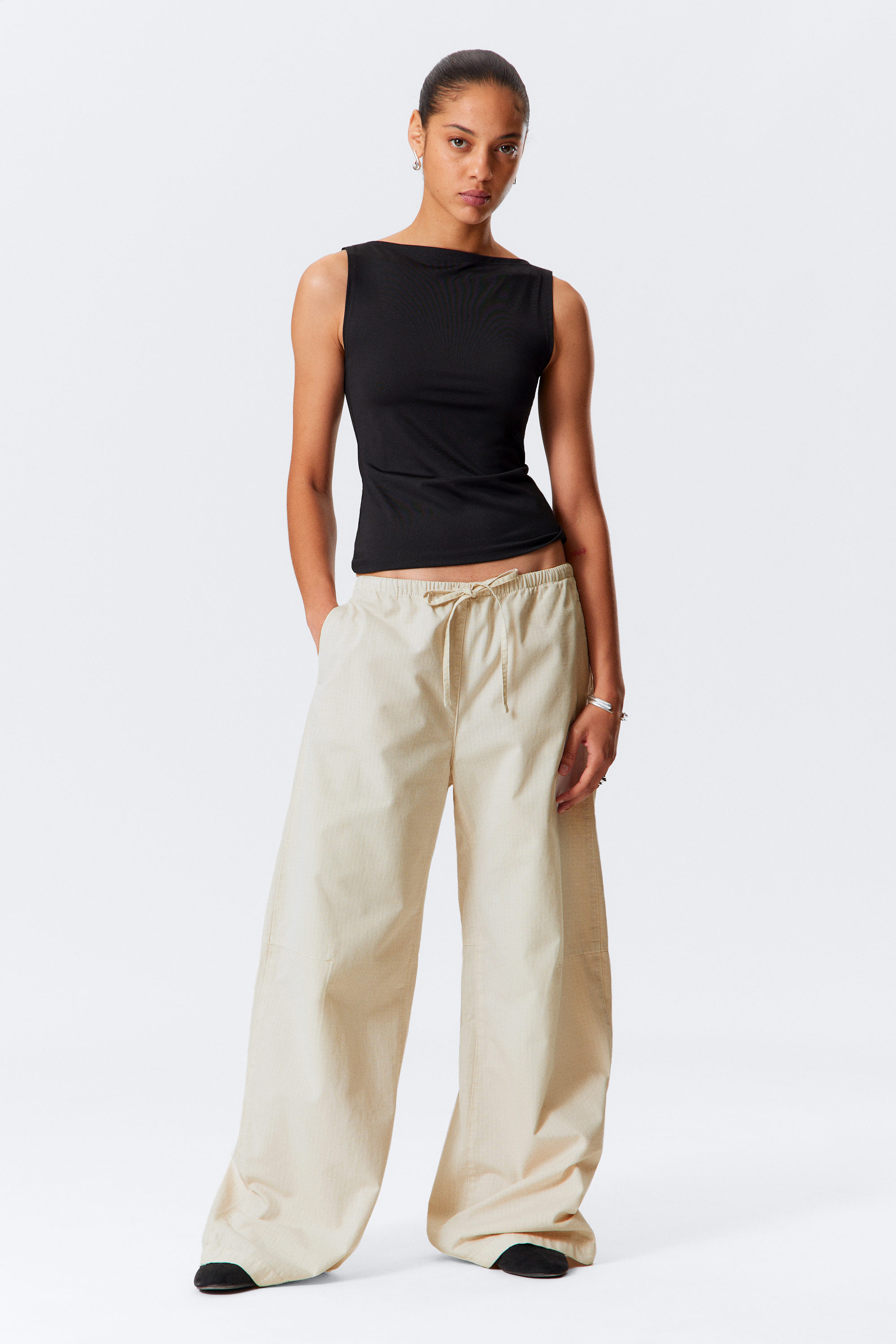 Light Beige - Loose Fit Washed Ripstop Trousers - 1