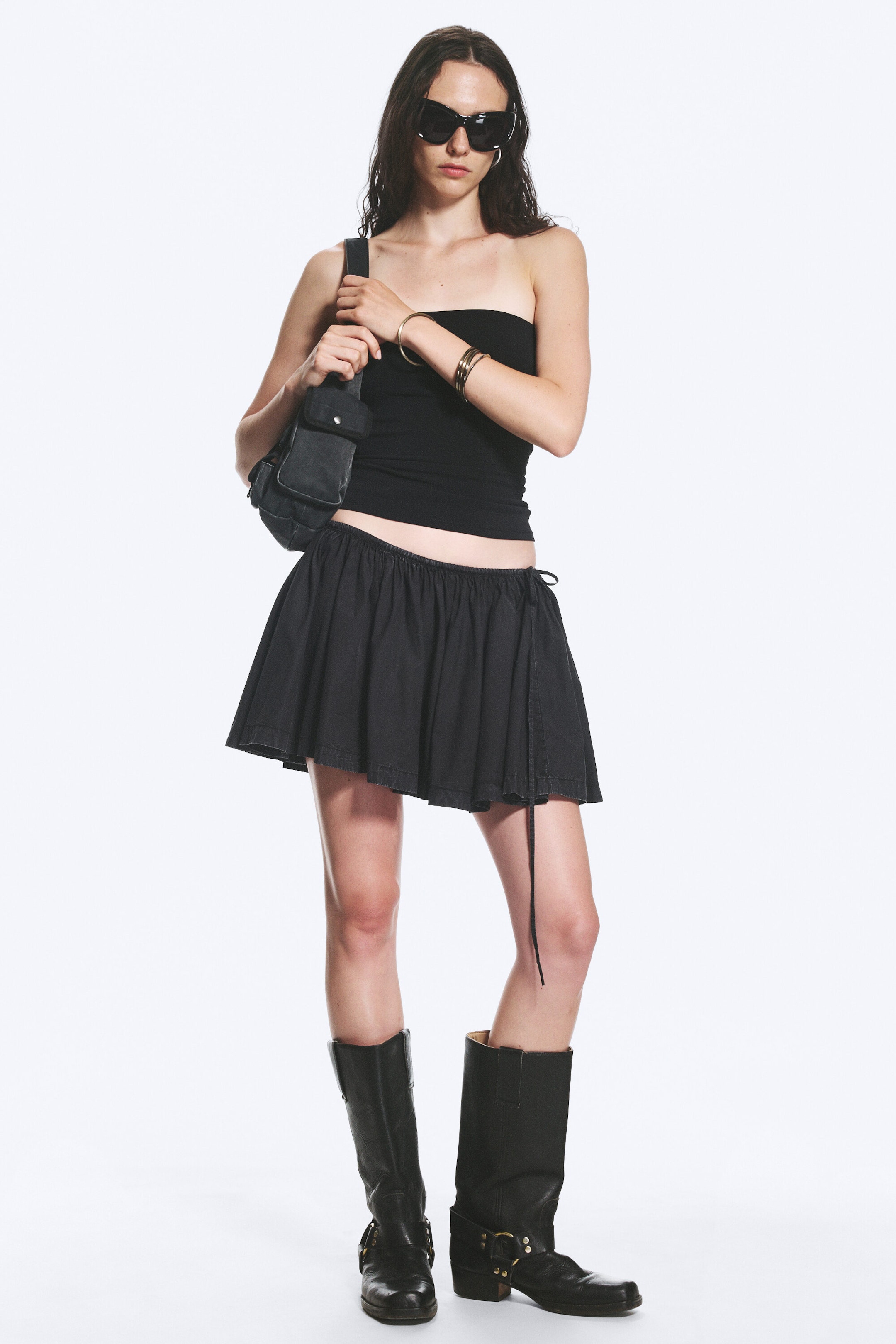 Black - Drawstring mini skirt - 1