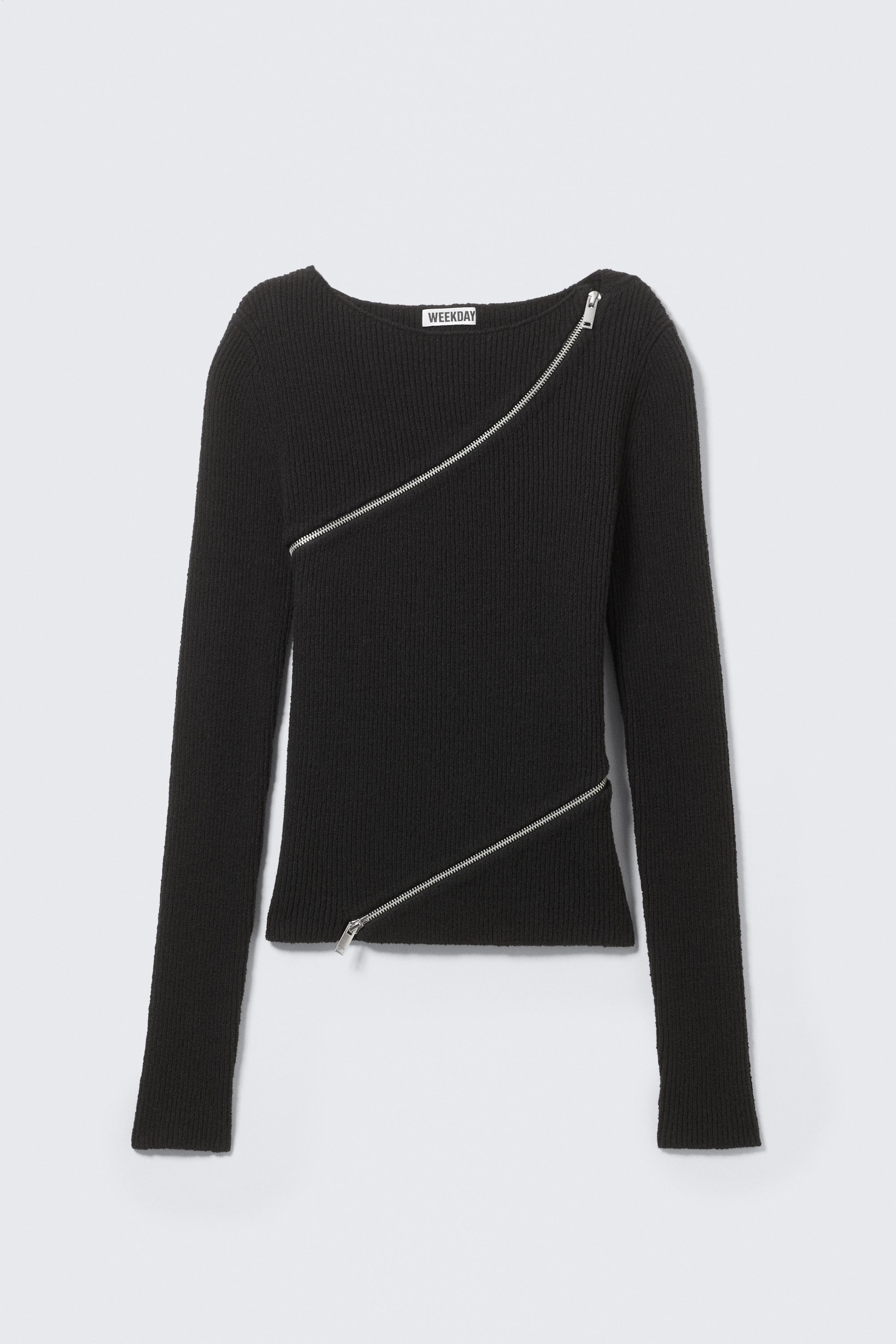 Schwarz - Schmaler asymmetrischer Zip-Strickpullover - 4