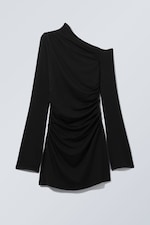 Black - Gathered Mini Long Sleeve Dress - 0