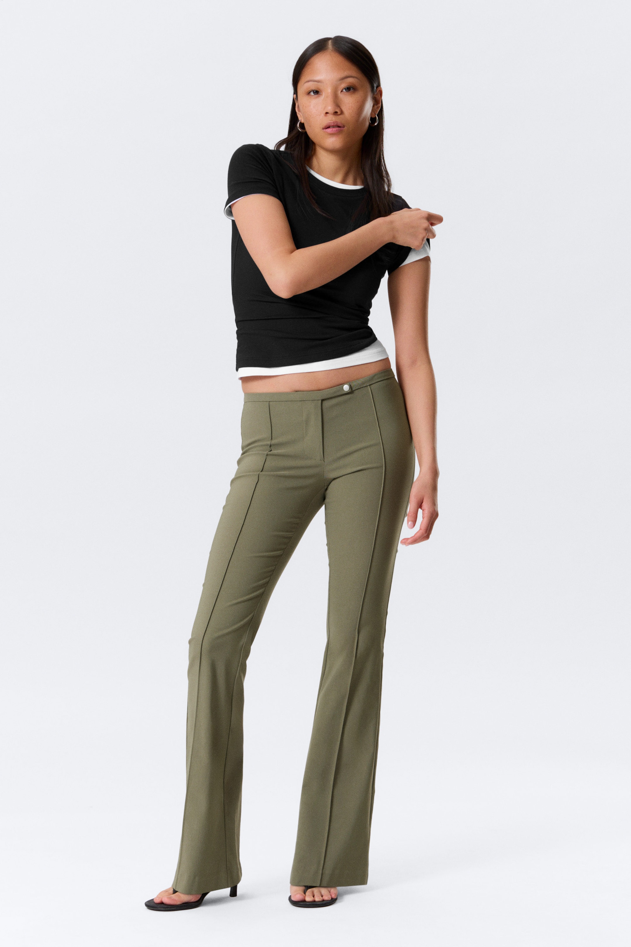 Dark Khaki Green - Low Rise Skinny Flared Leg Trousers - 0