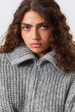 Grey Melange - Rib-Knit Half-Zip Turtleneck Sweater - 3