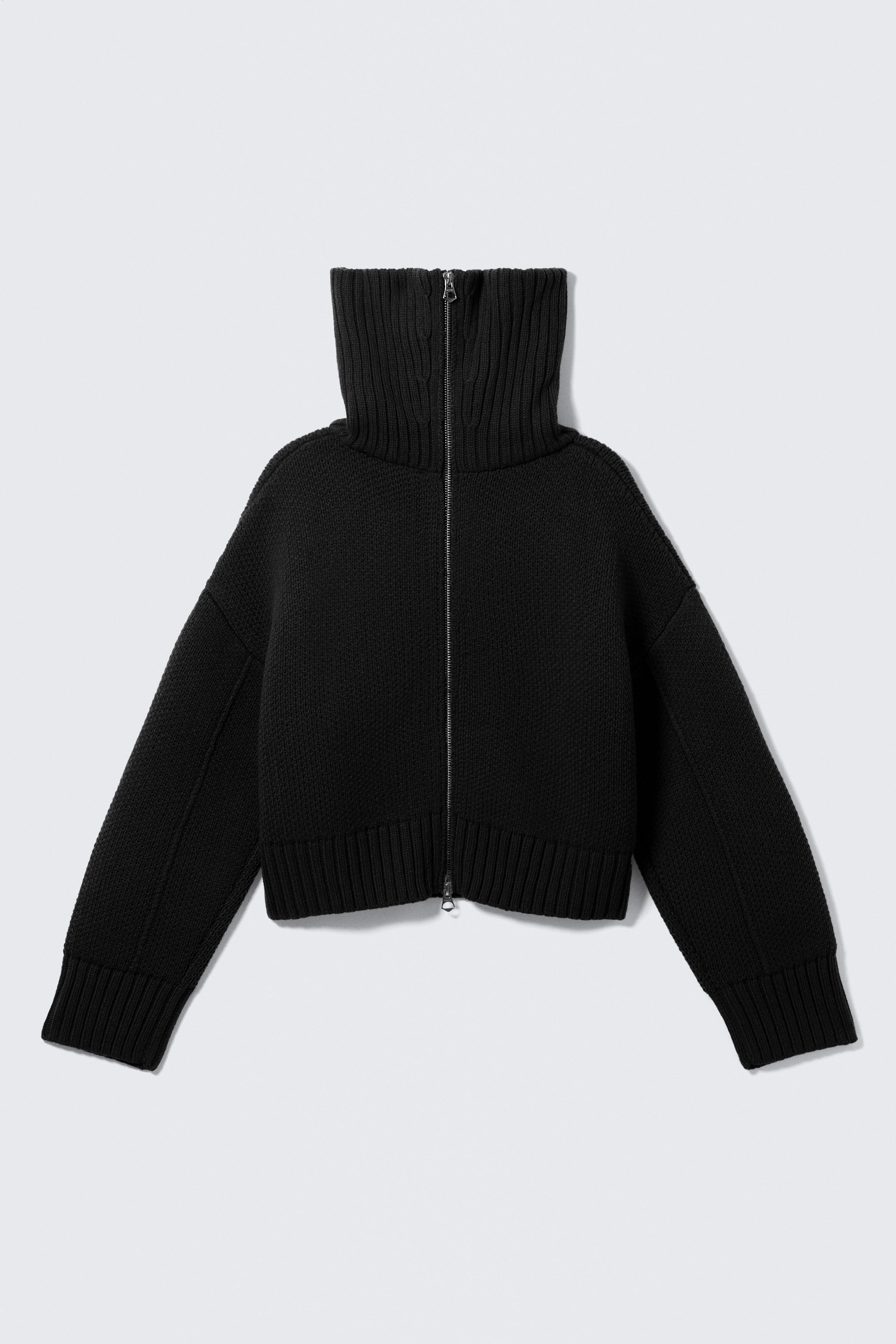 Black - Knitted Funnel Neck Dual Zip Sweater - 5