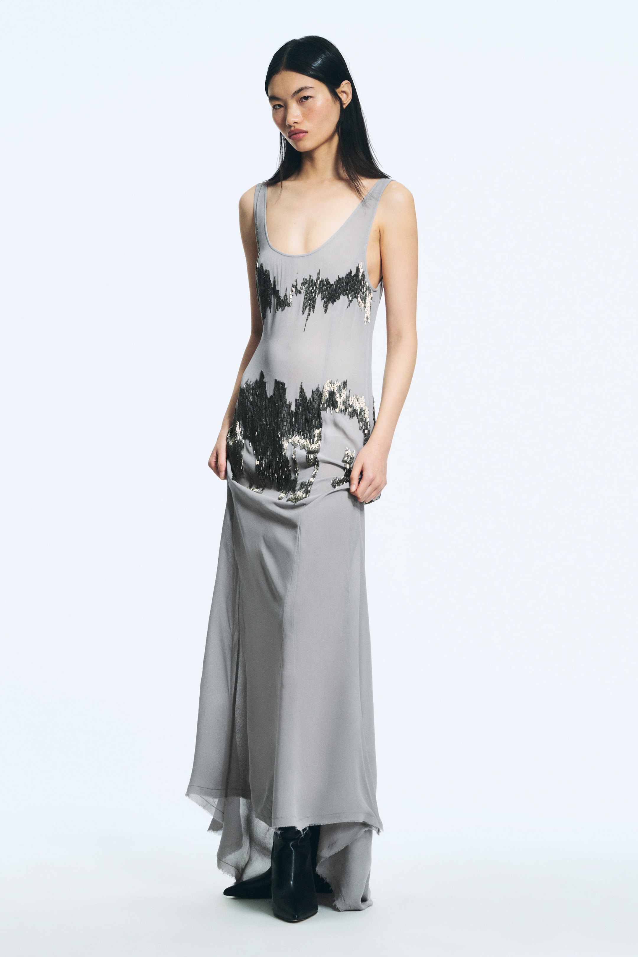 Beaded Light Grey - Long Beaded Sleeveless Dress - 1