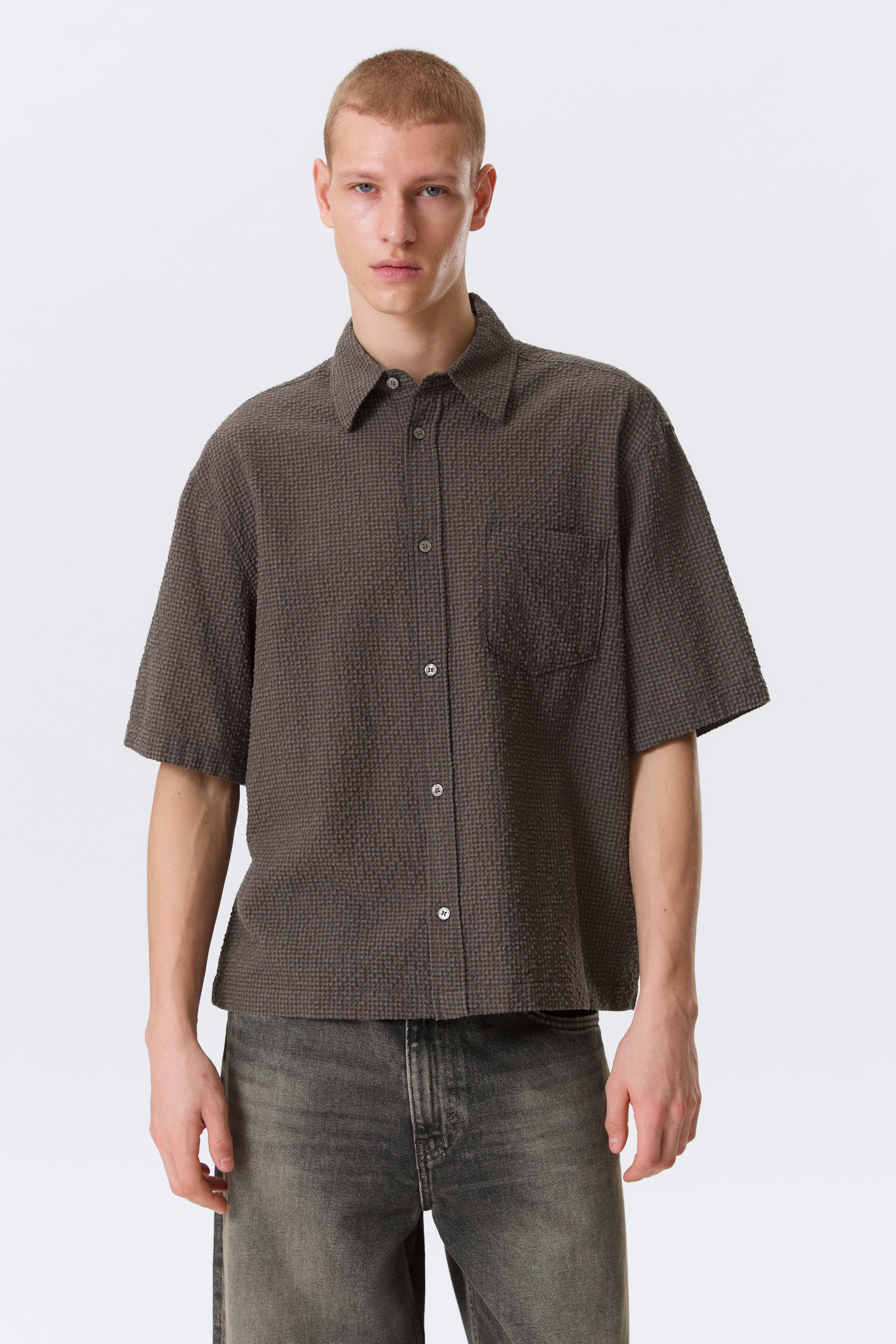 Relaxed Fit Short-Sleeved Cotton Shirt - Checked Brown