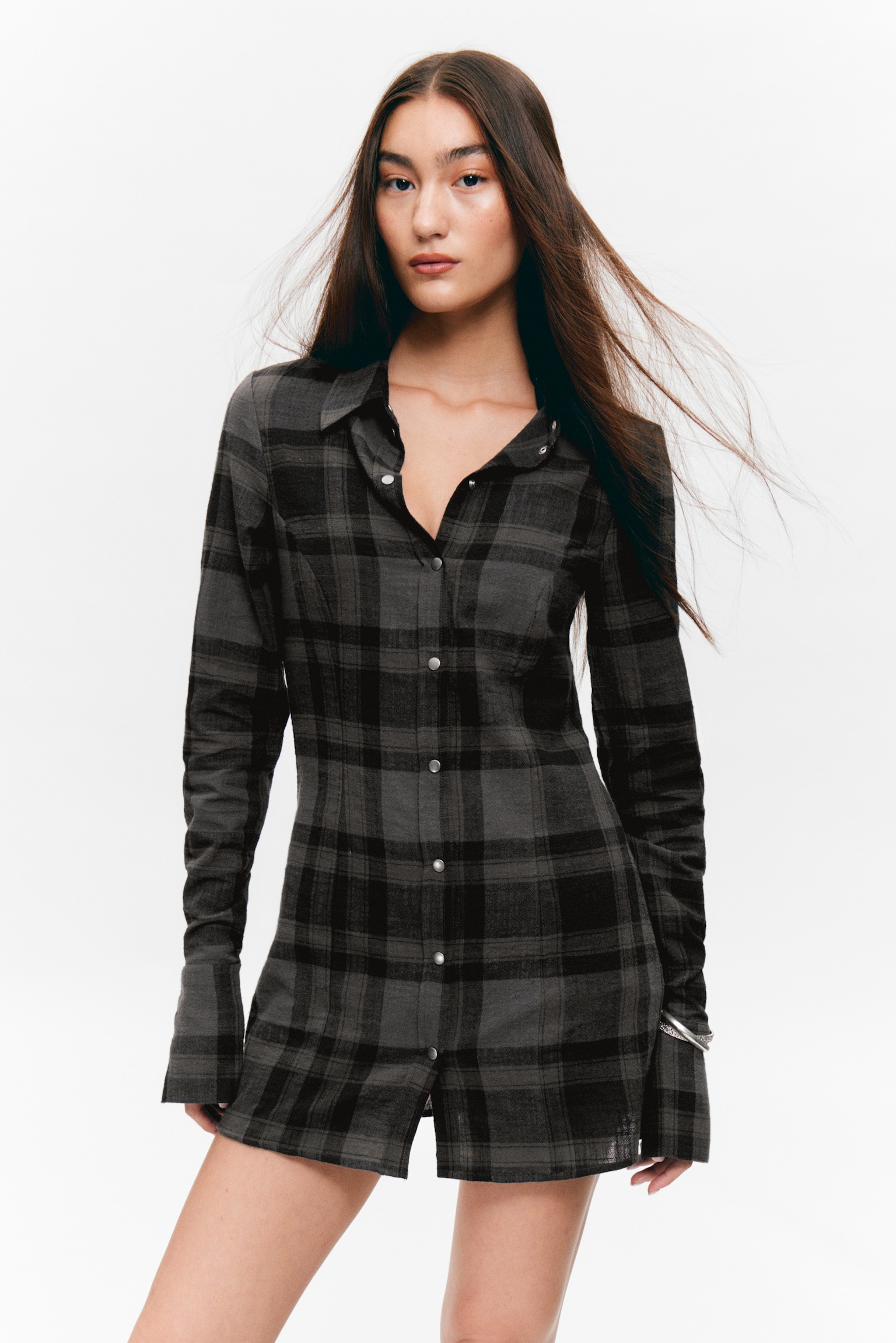 Long-Sleeved Mini Shirt-Dress - Dark Grey Check - 3