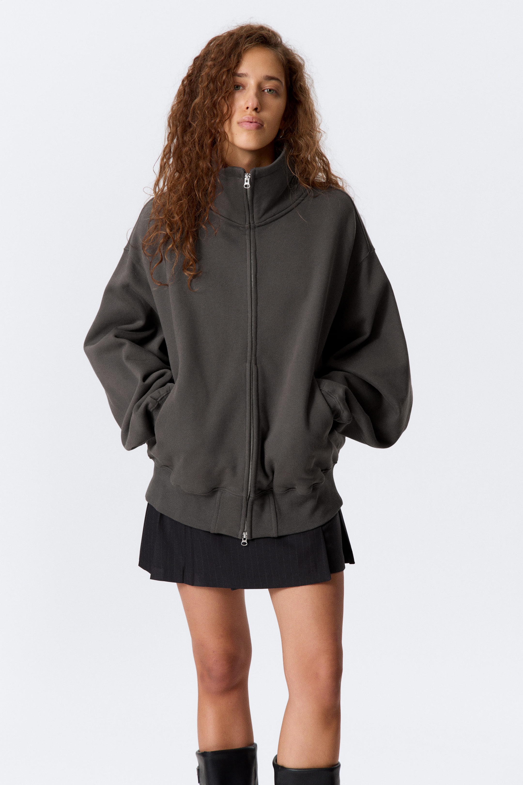 Dunkelgrau - Zip-Pulli mit Trichterhals aus schwerer Baumwolle - 2