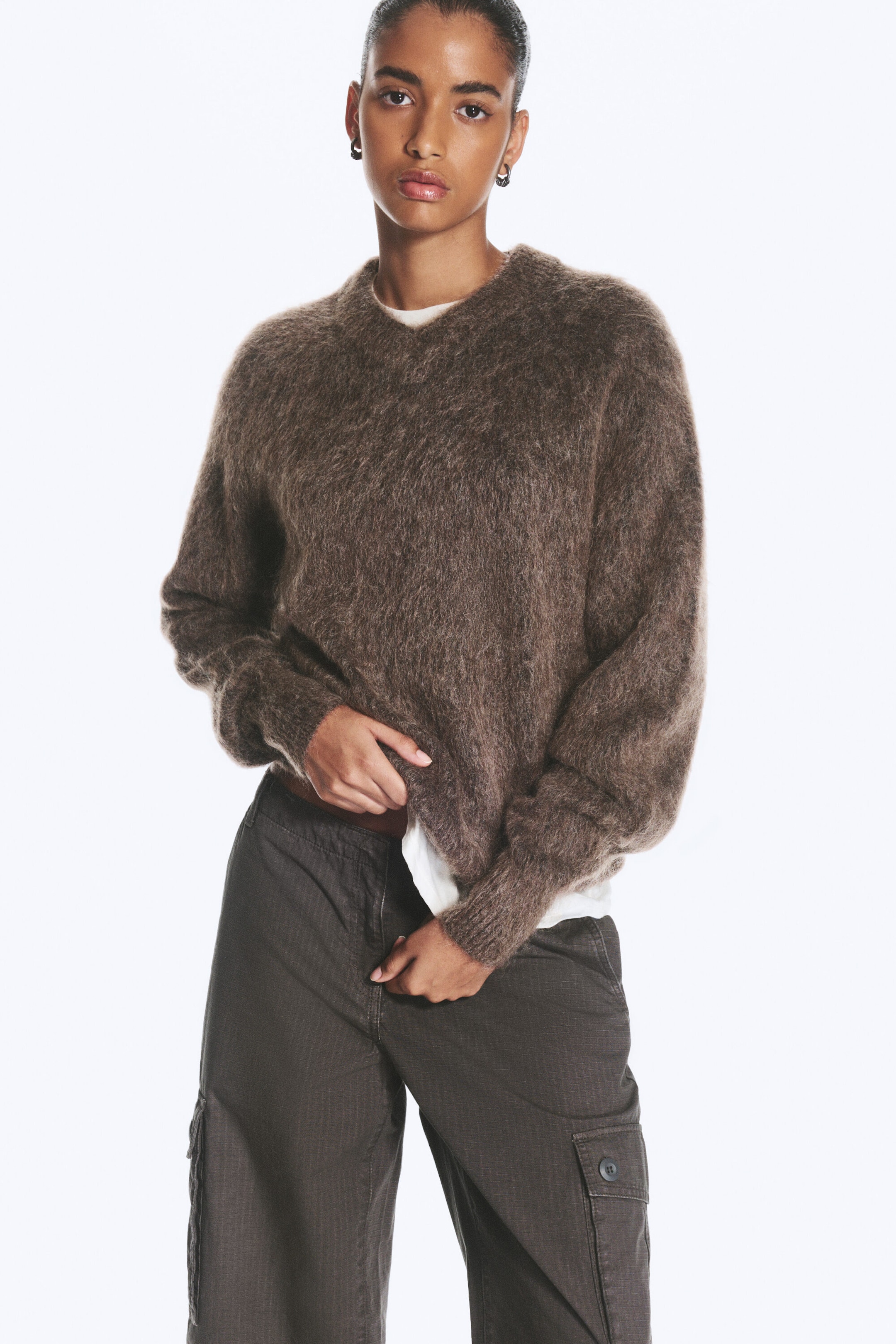 Dark Mole - Knitted V-neck Mohair-Blend Sweater - 1