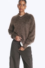 Dark Mole - Knitted V-neck Mohair-Blend Sweater - 0