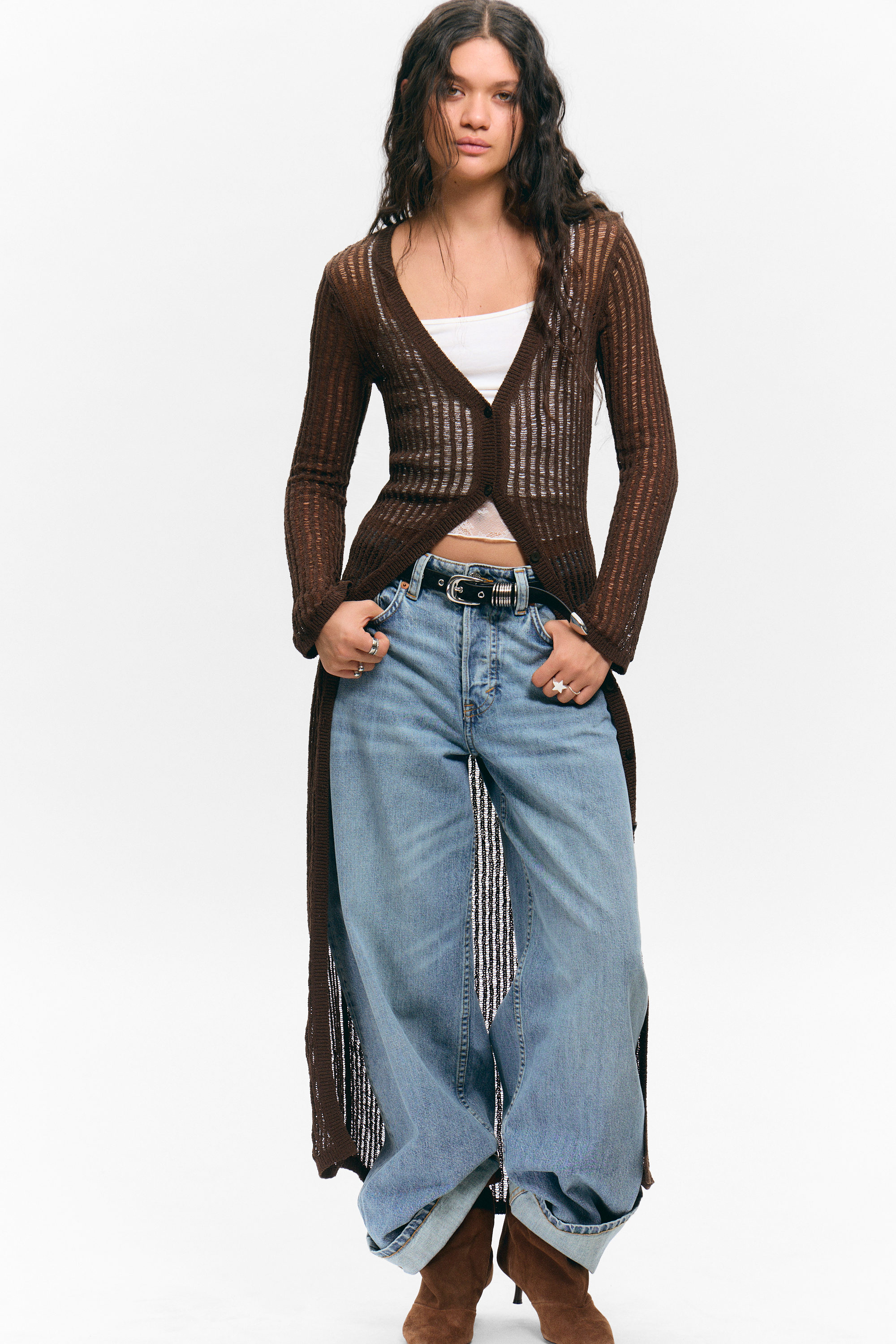 Dark Brown - Open-Knit V-neck Maxi Cardigan - 1