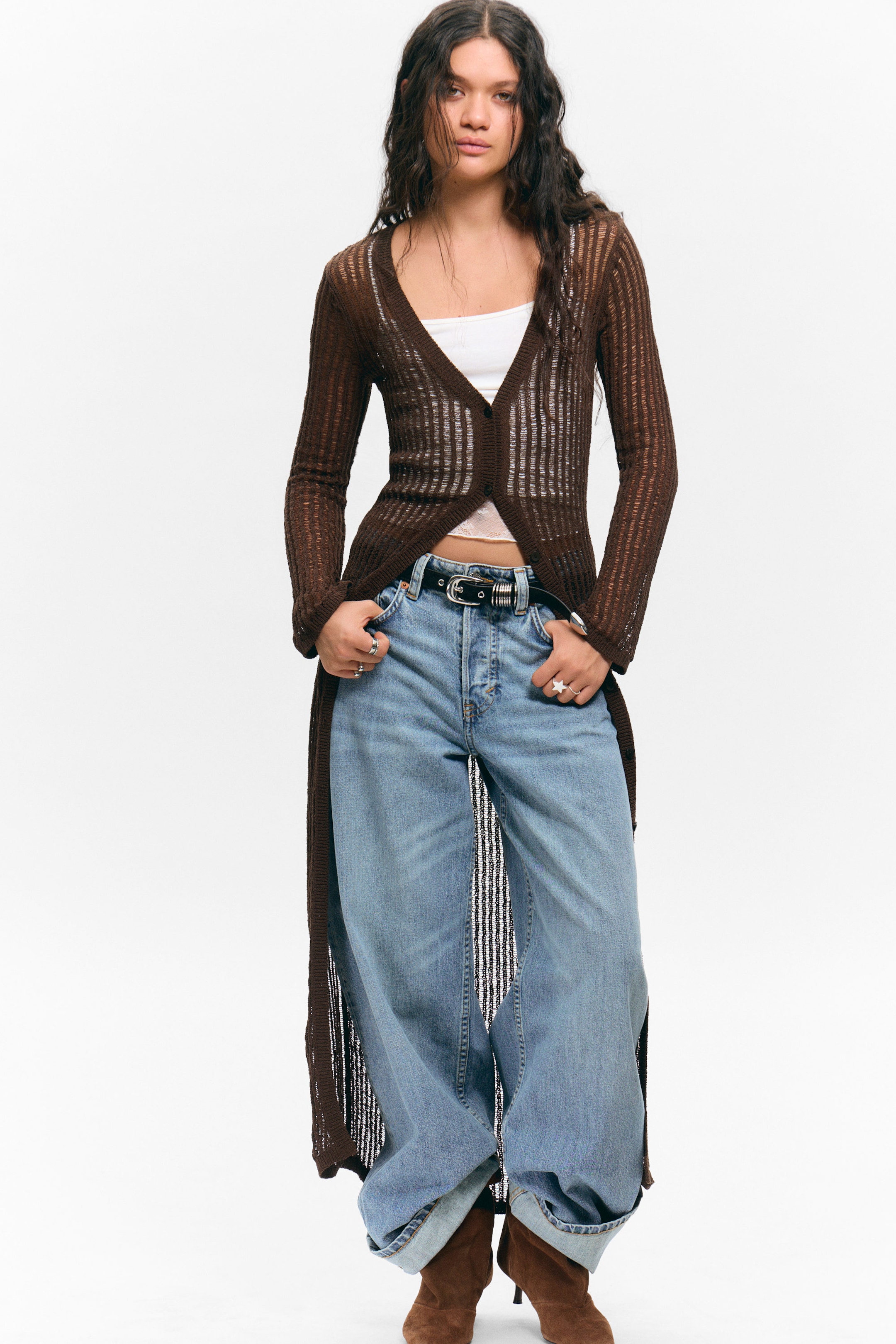 Dark Brown - Open-Knit V-neck Maxi Cardigan - 0