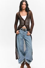 Dark Brown - Open-Knit V-neck Maxi Cardigan - 0