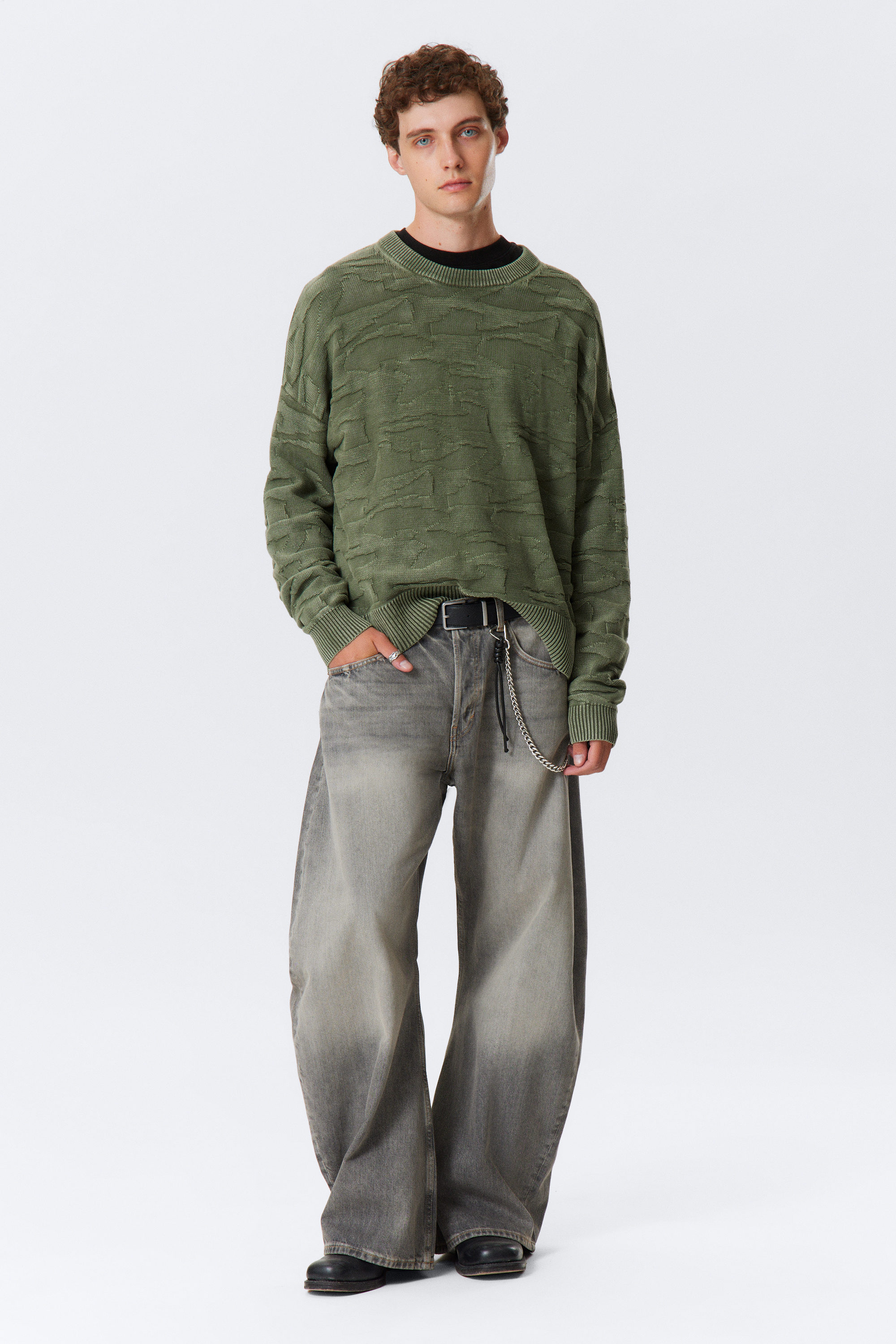 Structured Dark Green - Oversized gebreide katoenen trui met grafische print - 2