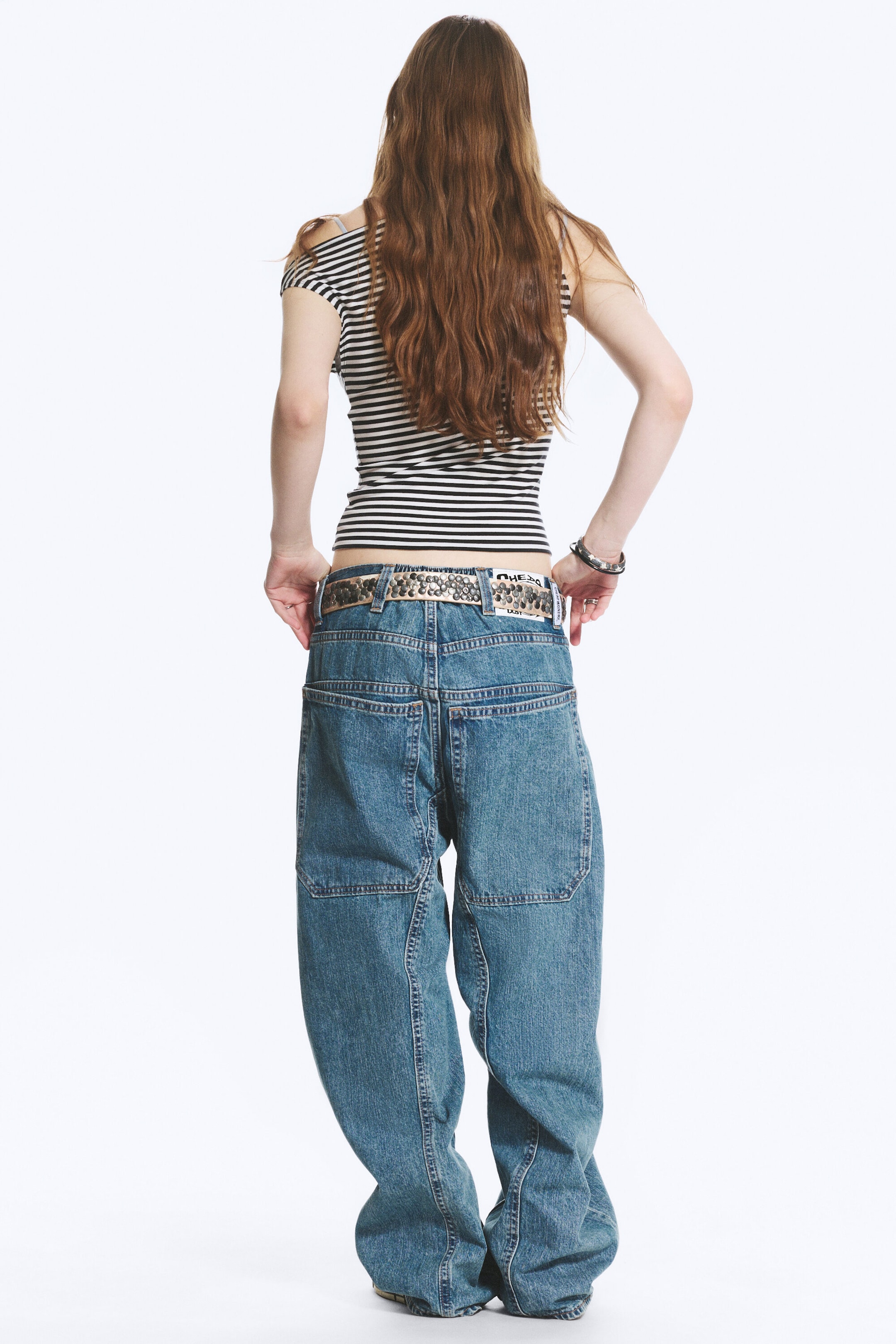 90s Blue – middels blå - Dunno unisex løs Barrel-jeans med lavt liv - 12