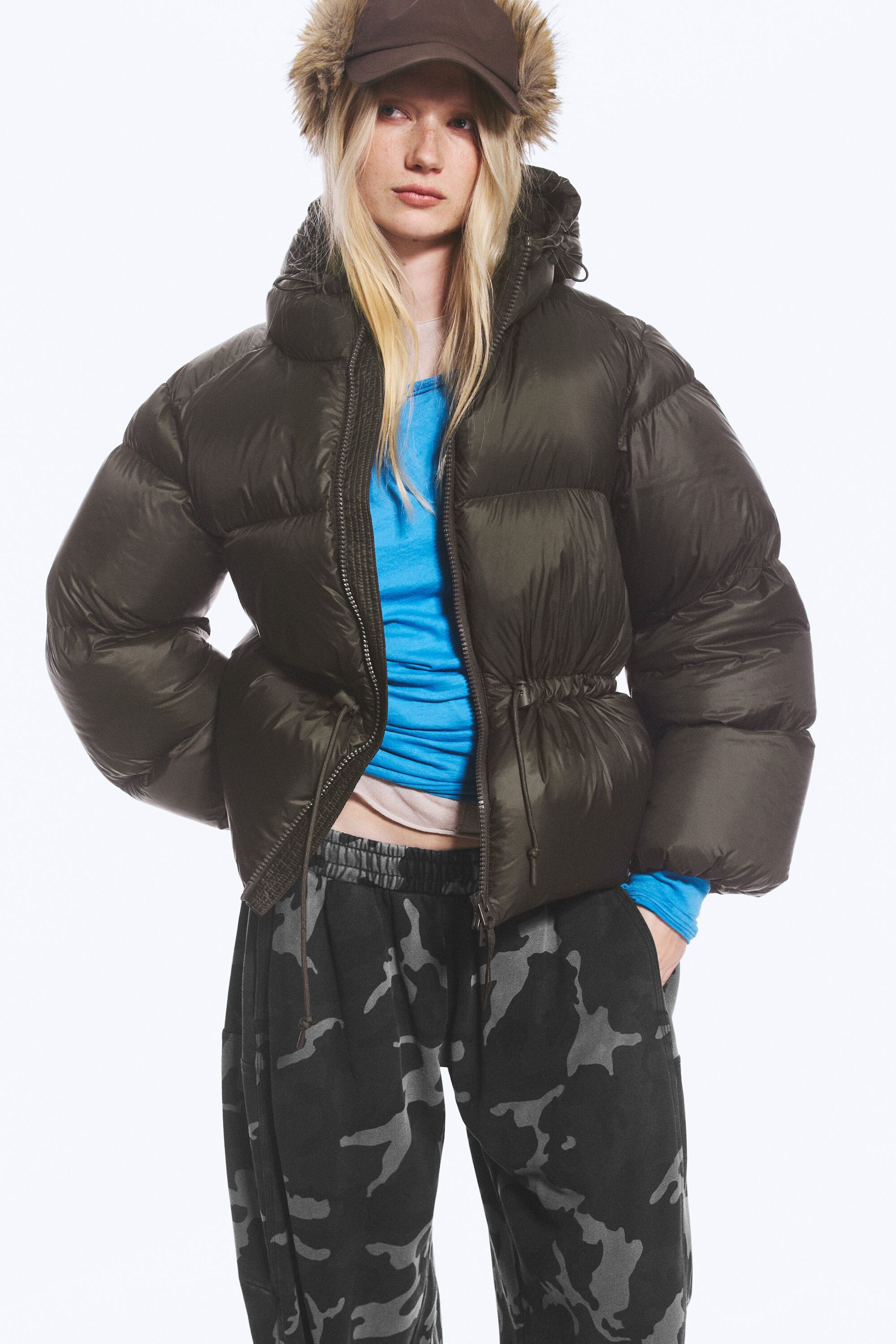 Dark Brown - Oversized Hooded Recycled Down Puffer Jacket - 2