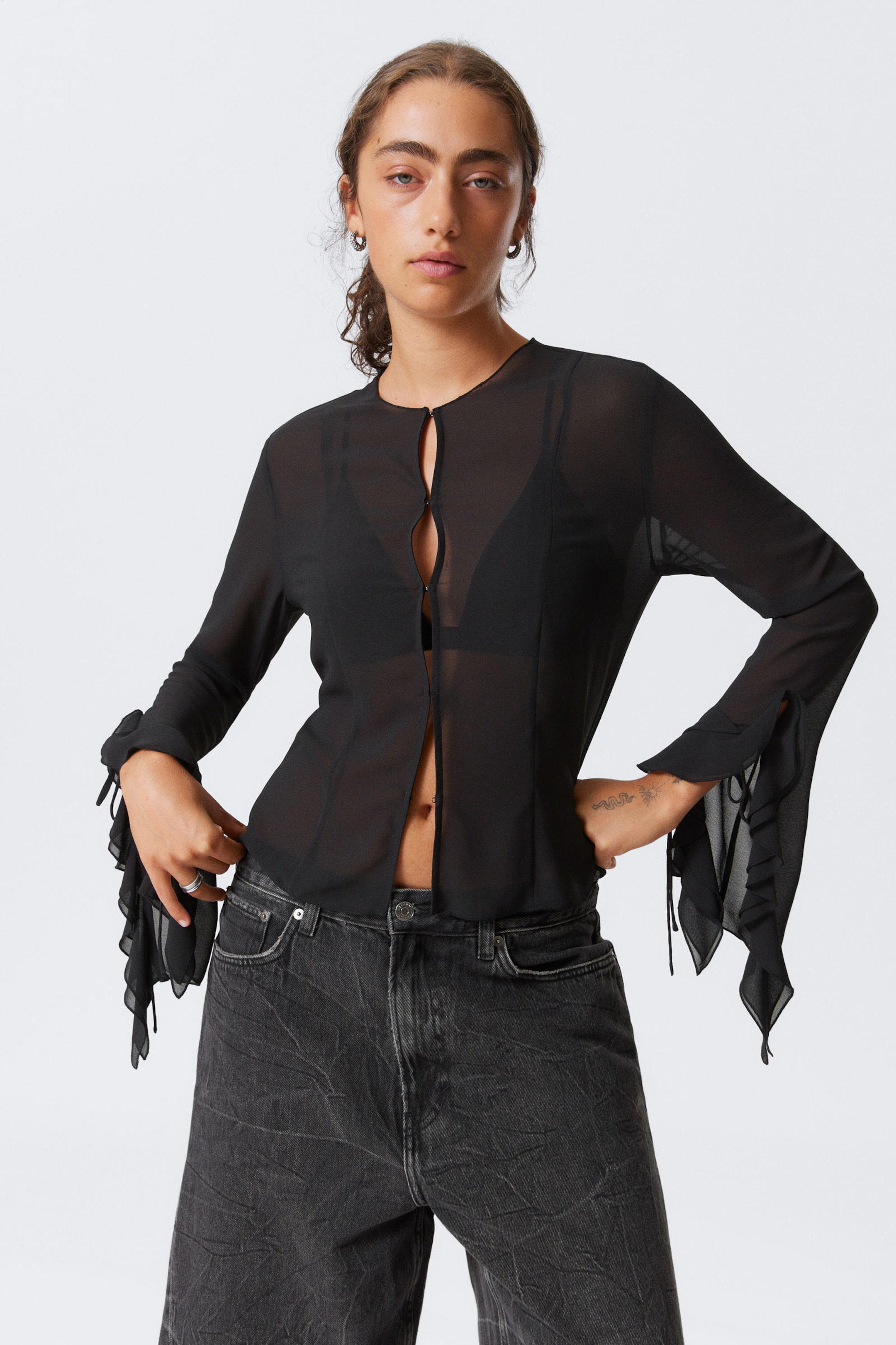 Black - Frilled Long-Sleeved Blouse - 1
